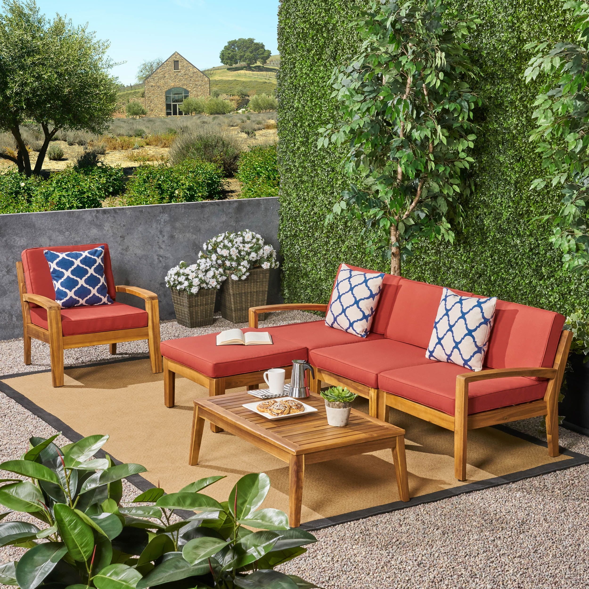 Teak Brown 6-Piece Outdoor Sectional Sofa Set with Red Cushions