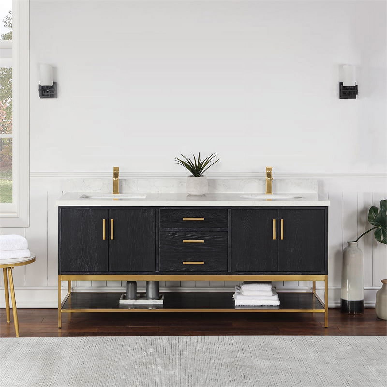 Wildy 72'' Black Oak Double Bathroom Vanity with Grain White Stone Top