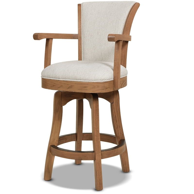 Classic Farmhouse 27" White Leather Swivel Bar Stool with Oak Arms