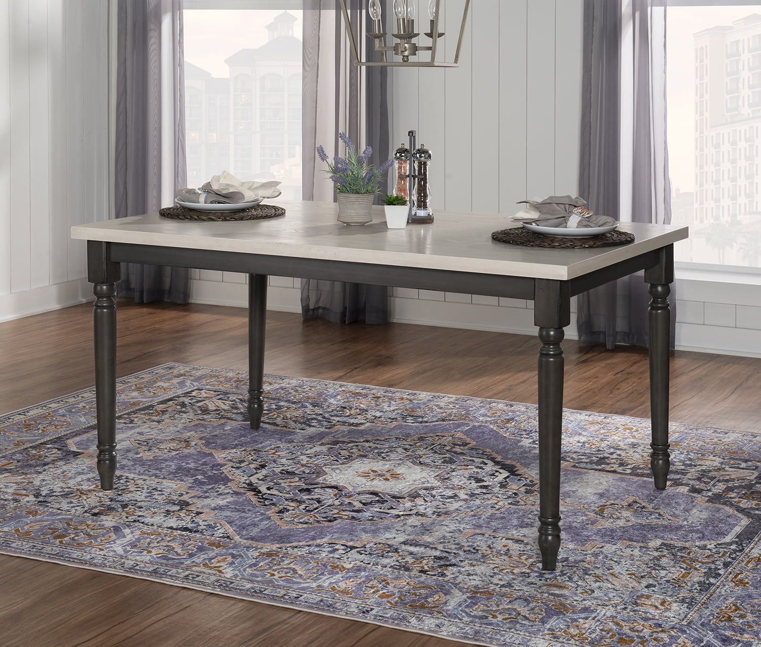 Farmhouse Elegance 59" Oak Wood Dining Table in Smokey White & Dark Gray