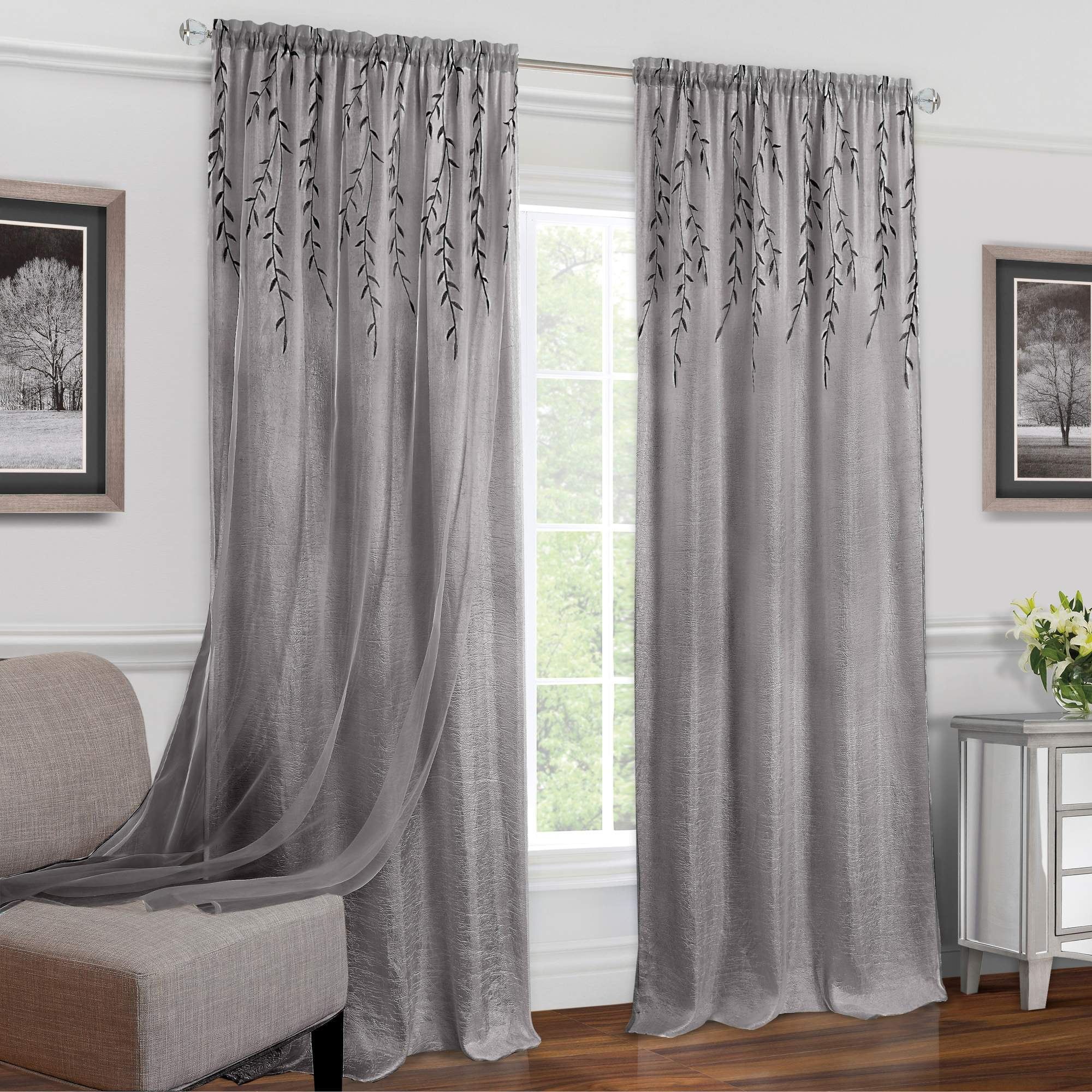 Gray Polyester Embroidered Sheer Rod Pocket Drapes