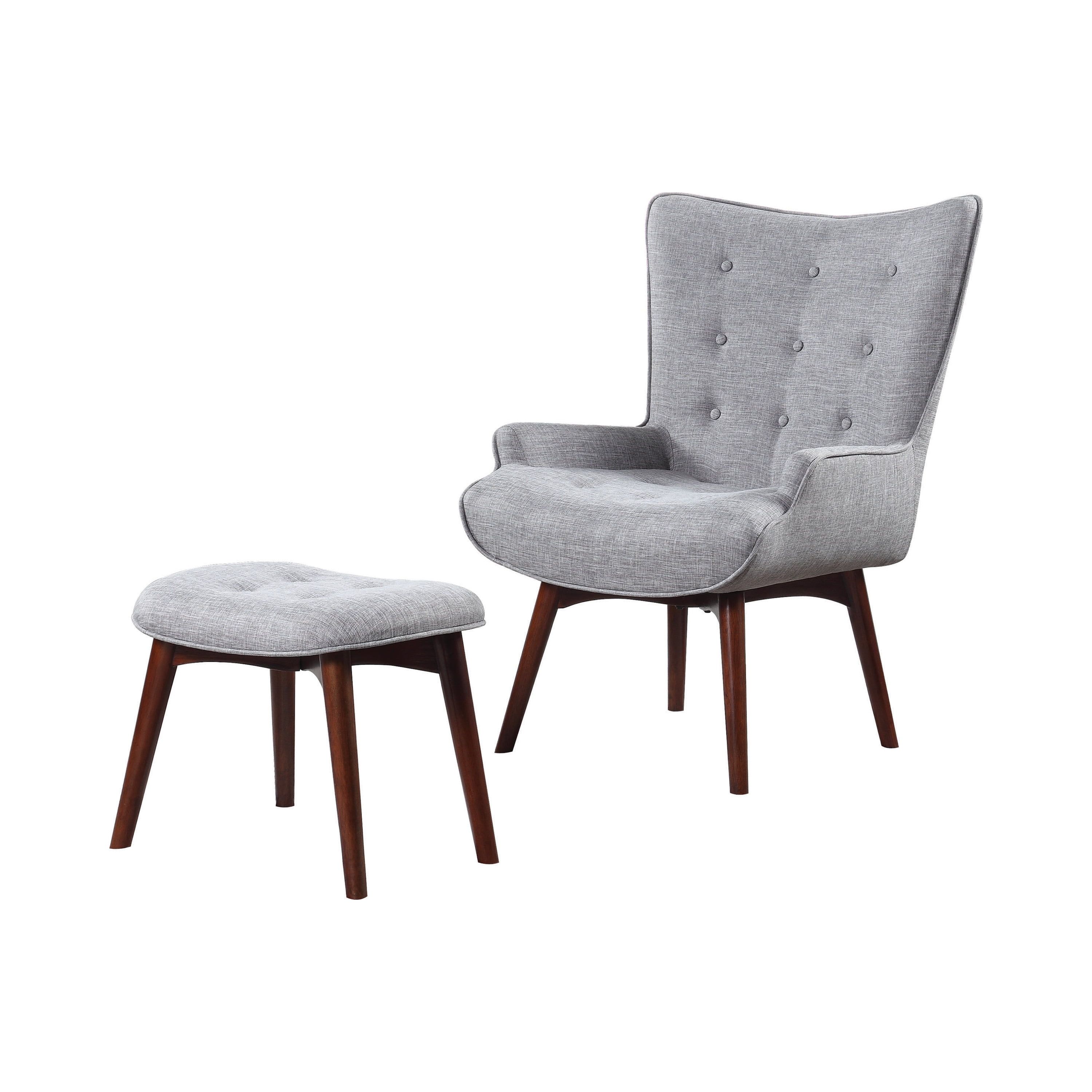 Gray Linen Upholstered Accent Chair with Ottoman and Brown Legs