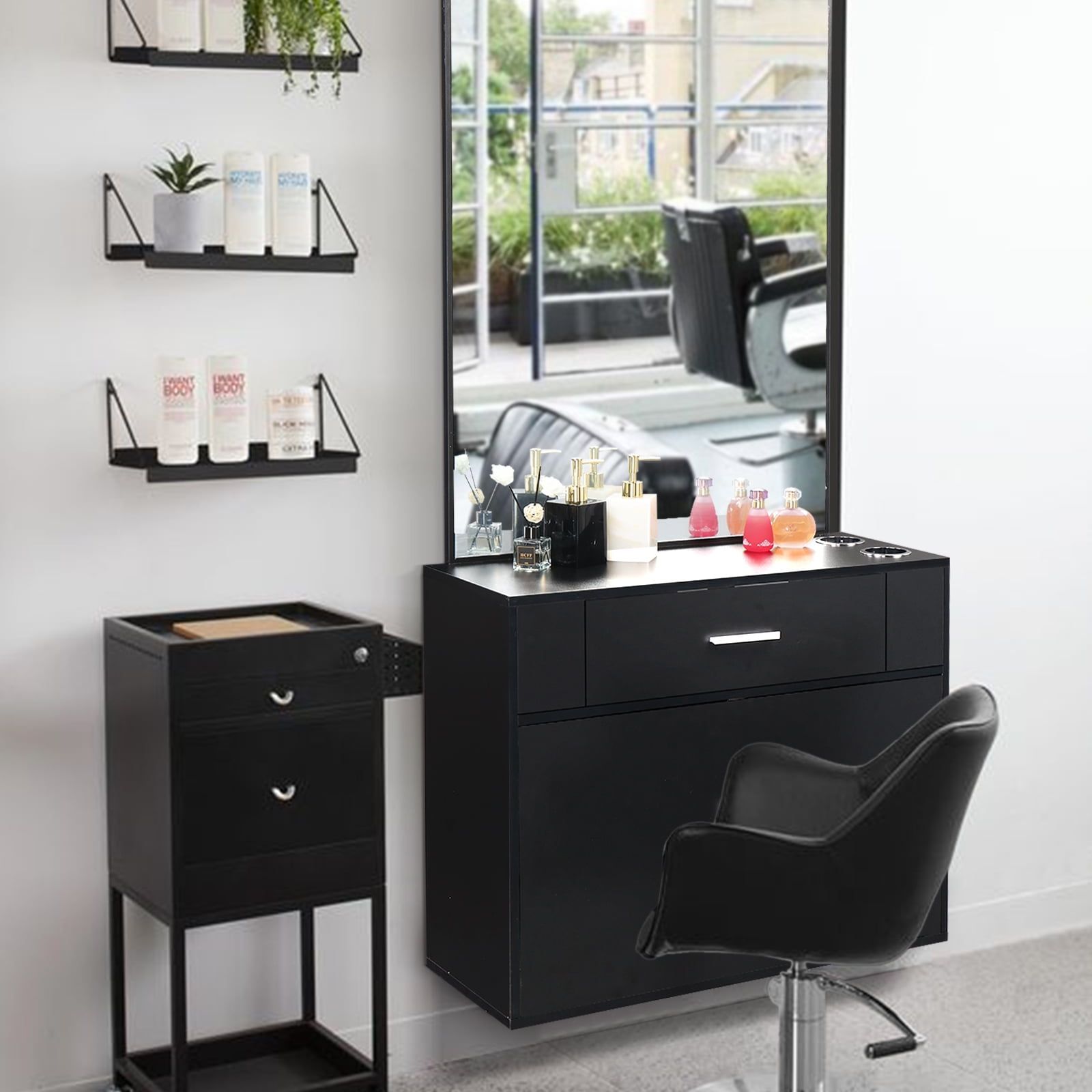 Black Wall Mount Salon Station with Mirror and Storage