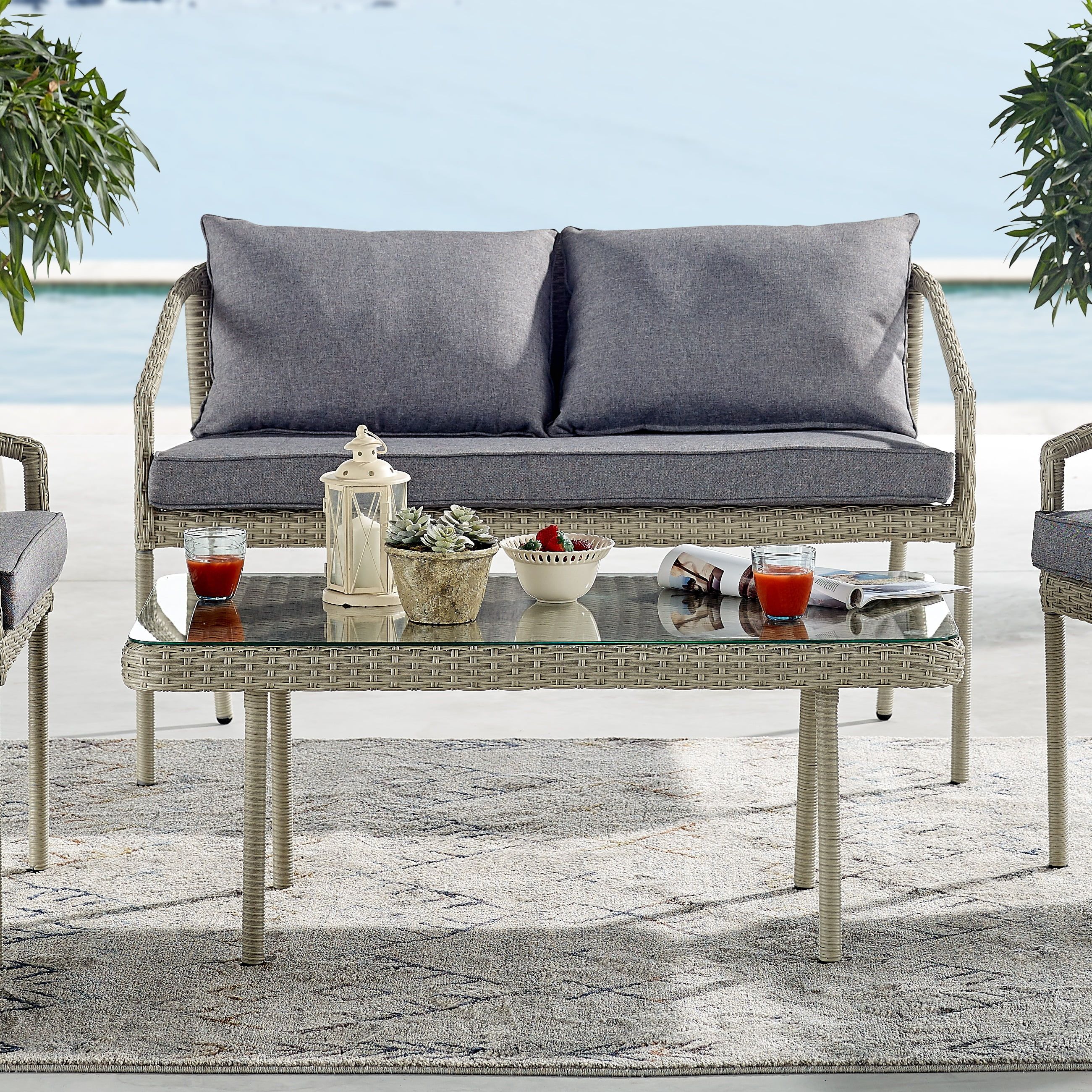 Windham Coastal All-Weather Wicker Two-Seat Outdoor Bench in Light Gray with Cushions