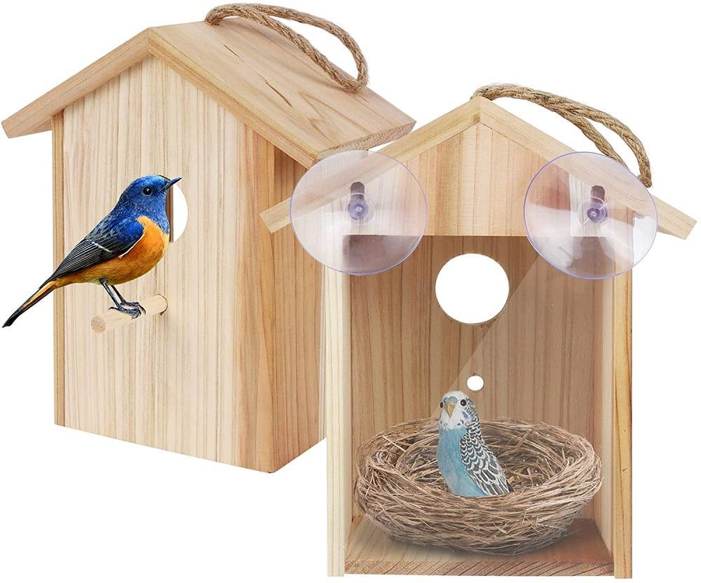 Transparent Wooden Birdhouse with Suction Cups and Lanyard