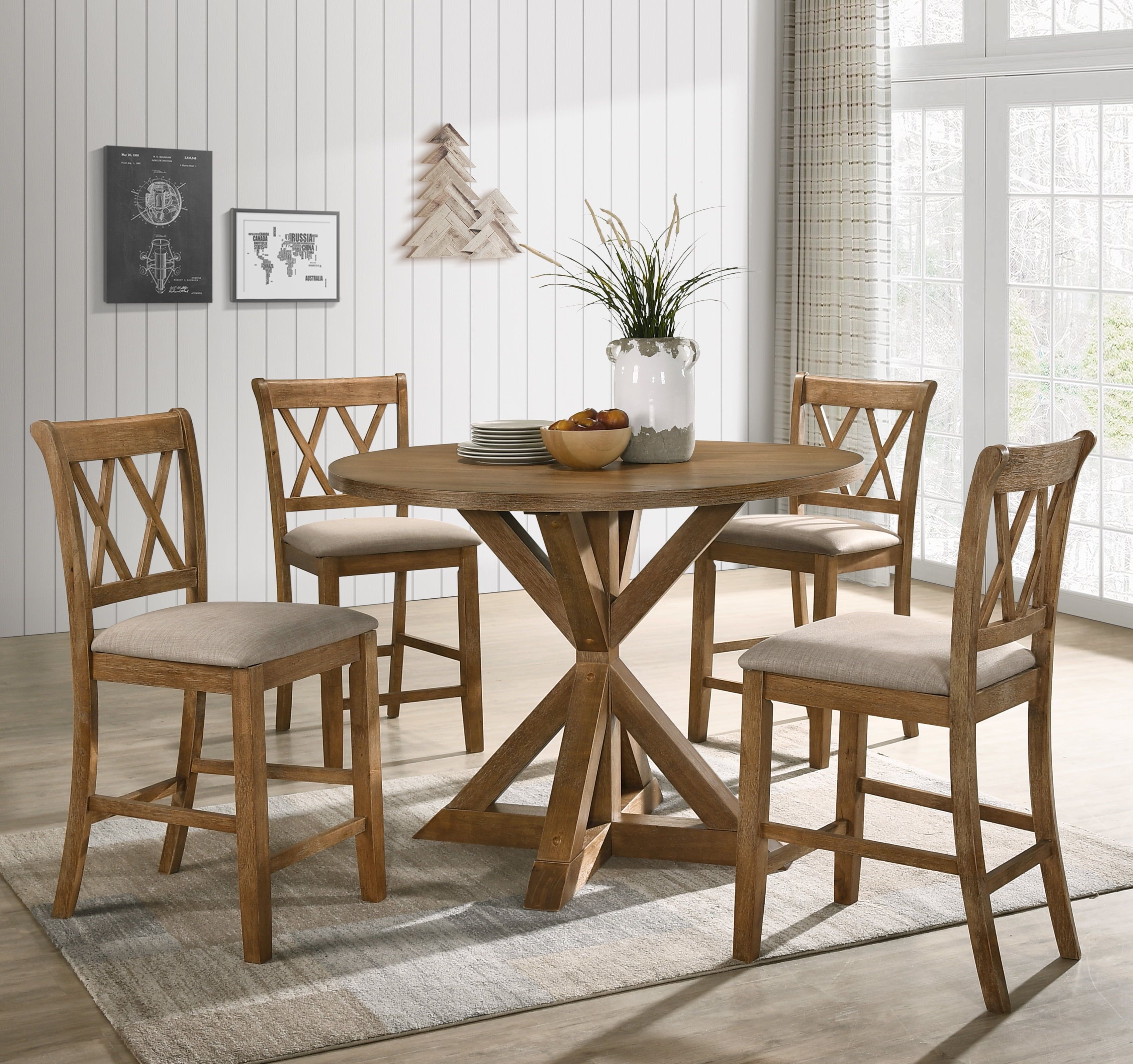 Rustic Oak 5-Piece Cross-Buck Counter Height Dining Set