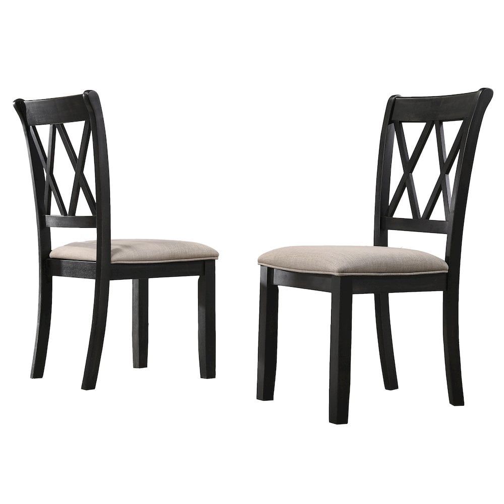 Cross-Back Black Wood and Linen Upholstered Side Chair Set