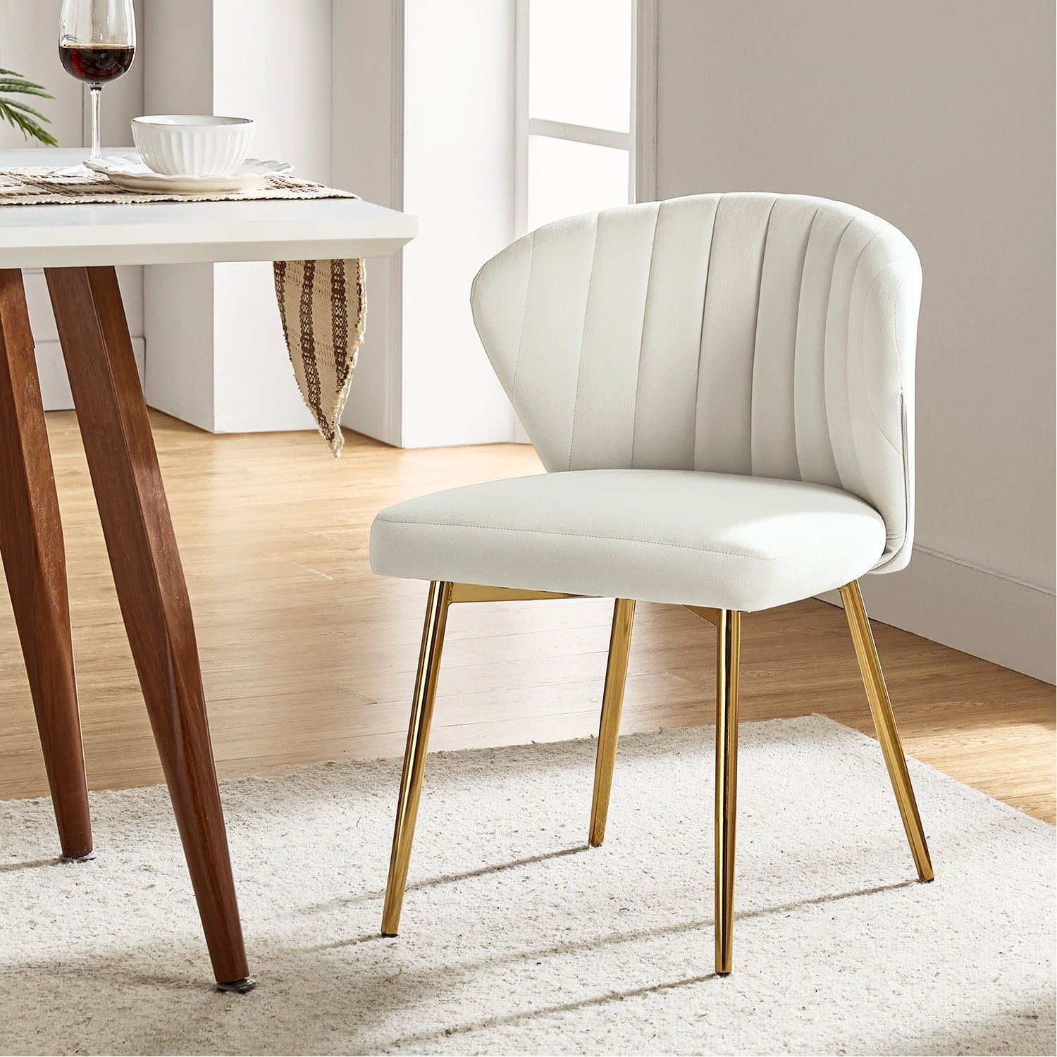 Ivory Velvet Upholstered Wingback Side Chair with Gold Metal Legs