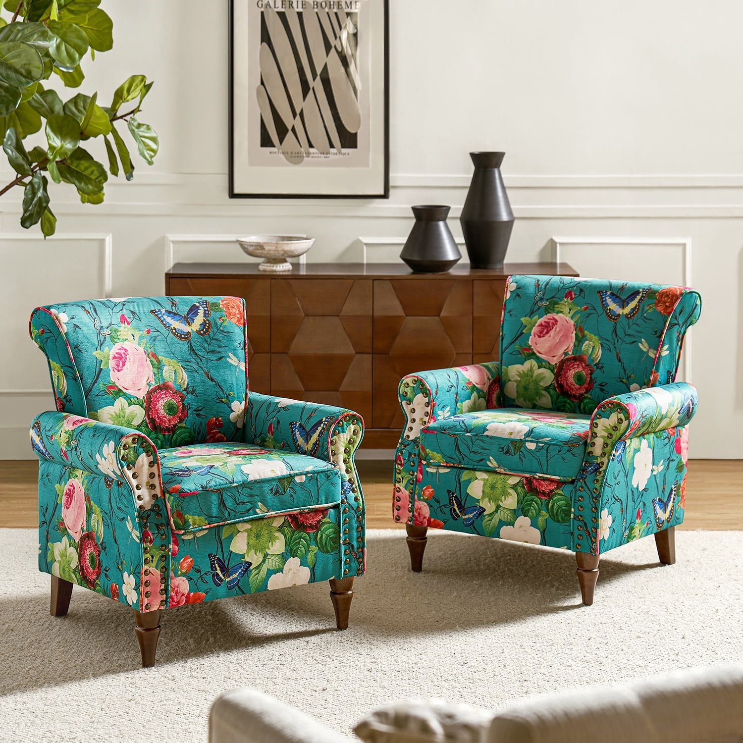 Blue Floral Polyester Arm Chair Set with Rolled Arms