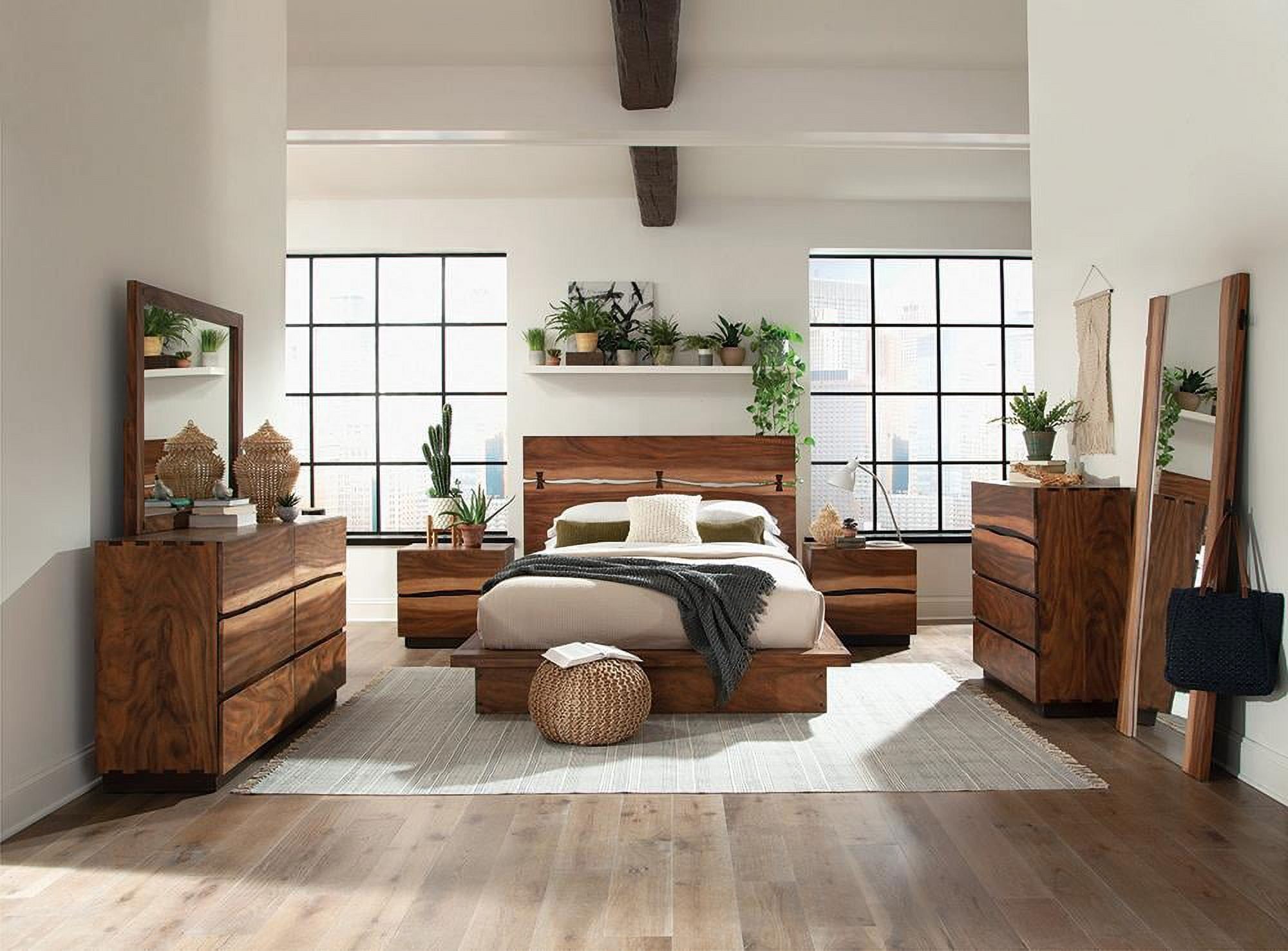 Smokey Walnut King Bed with Upholstered Headboard and Storage Drawers