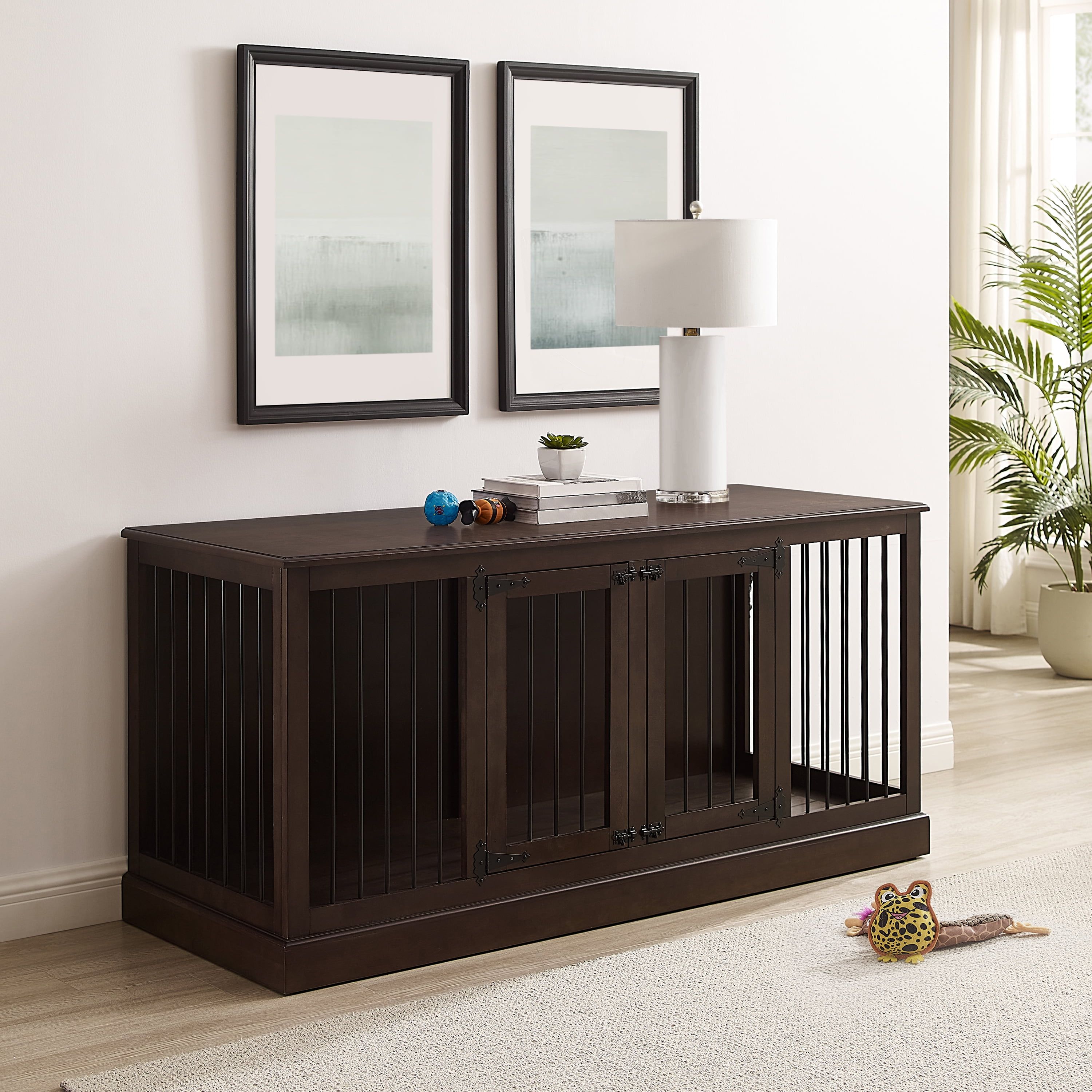 Winslow Large Dark Brown Wood and Steel Pet Crate Credenza