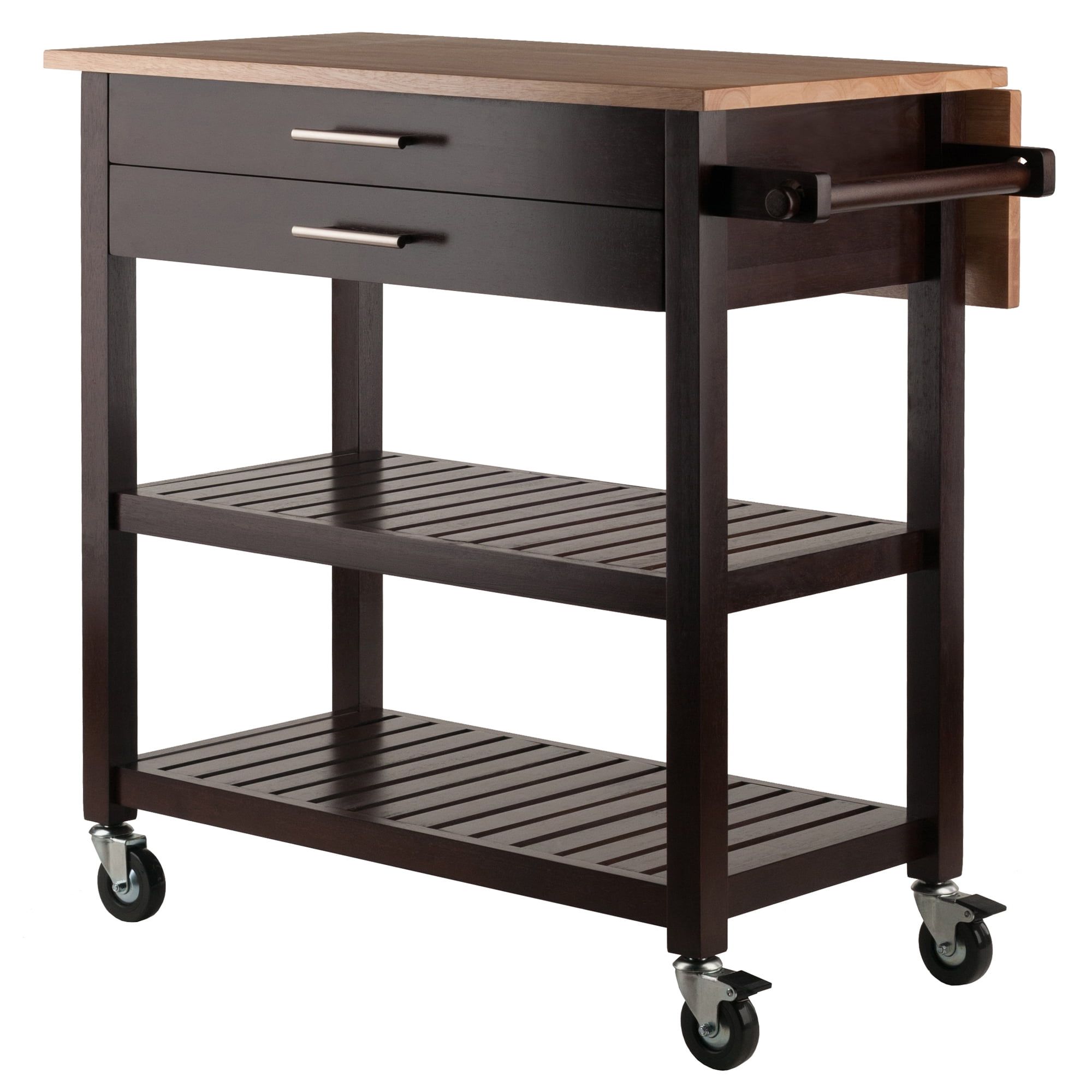 Brown Wood Drop Leaf Kitchen Cart with Storage