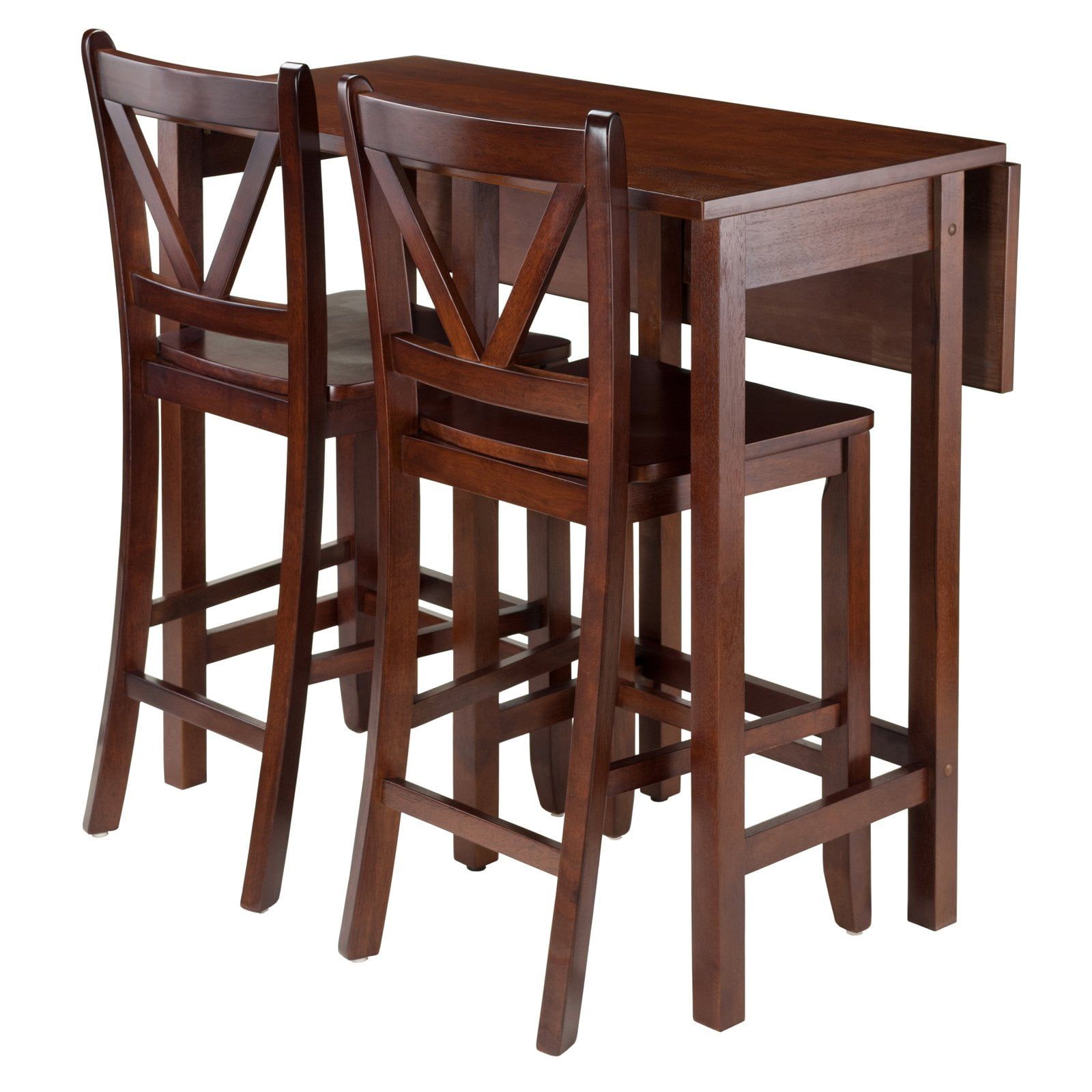 Walnut Drop Leaf Pub Table with 2 V-Back Stools