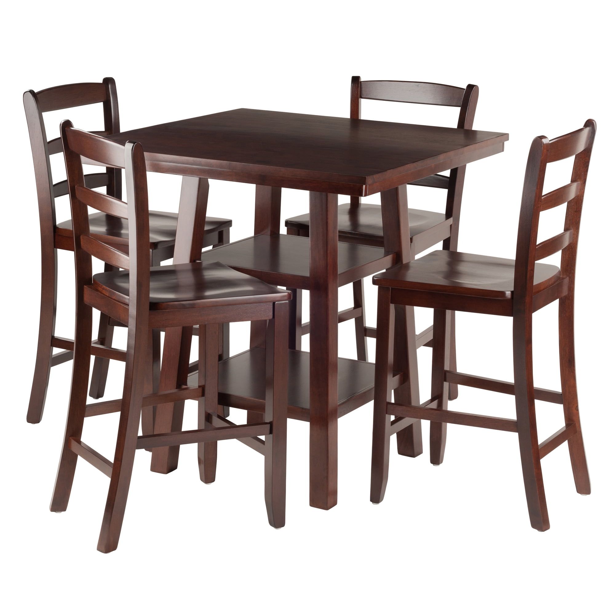 Transitional Brown Square Pub Table with 4 Ladder Back Chairs