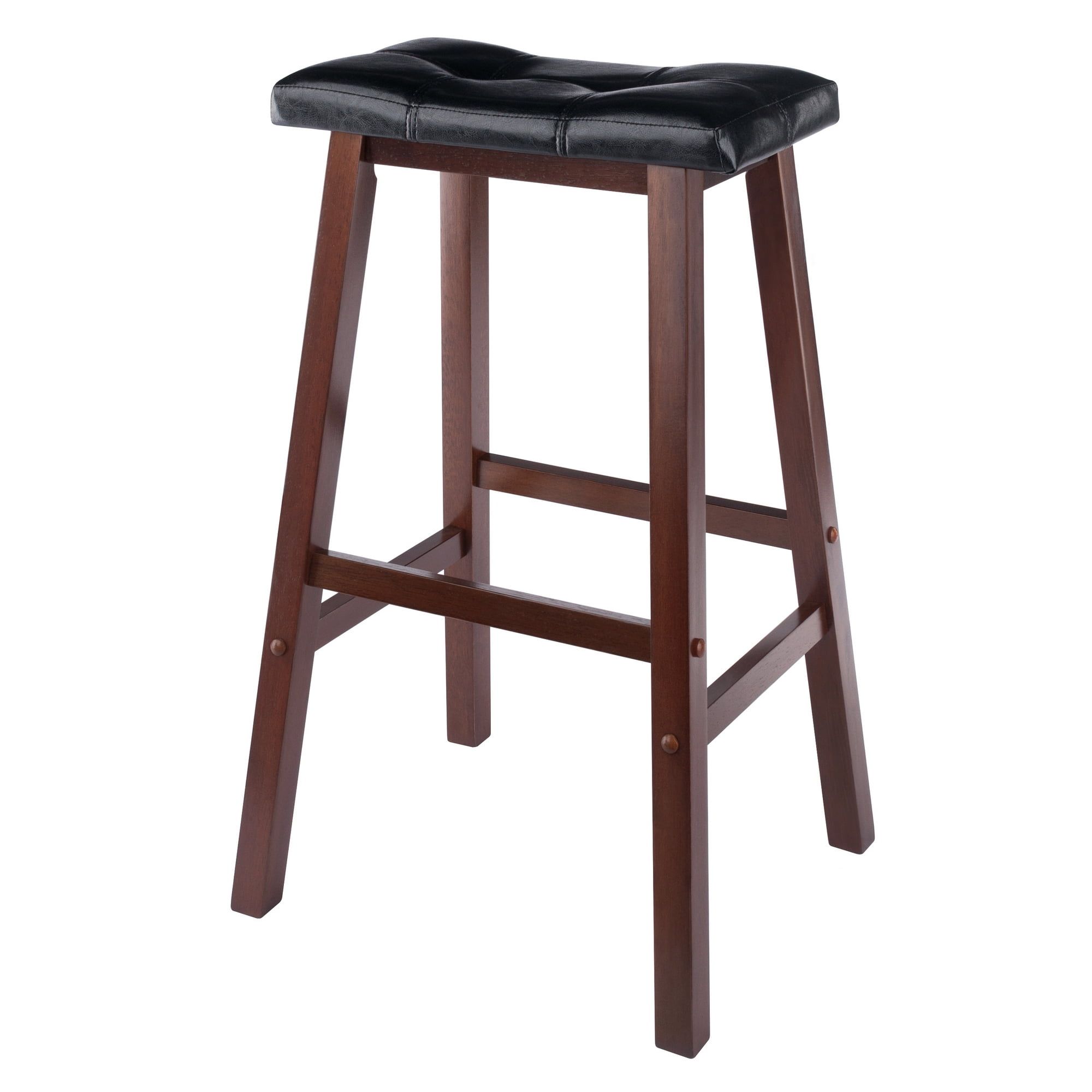 Black Faux Leather and Wood Saddle Bar Stool