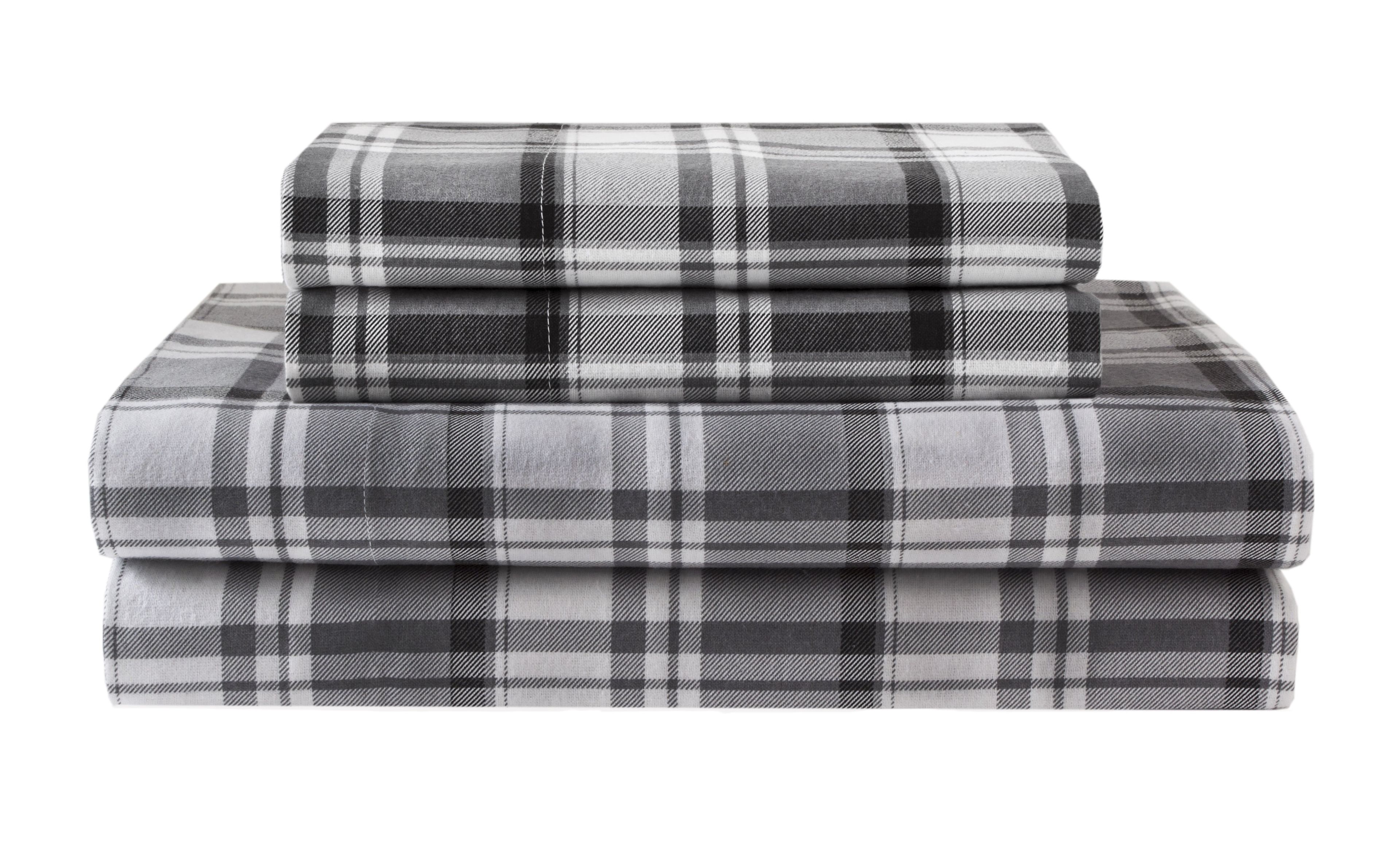 Full Gray Plaid Cotton Flannel Bed Sheet Set