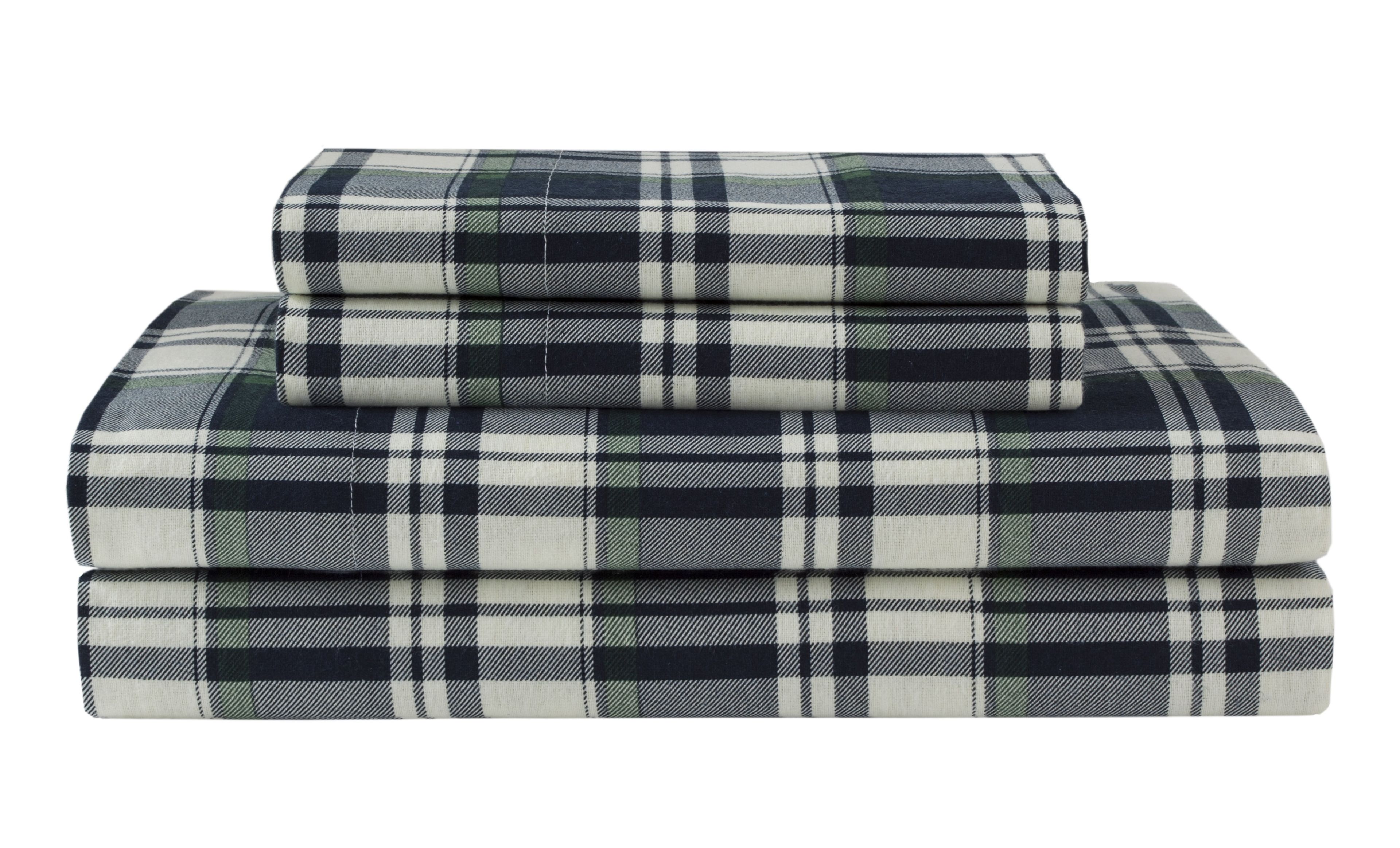 Navy Plaid Cotton Flannel Queen Sheet Set