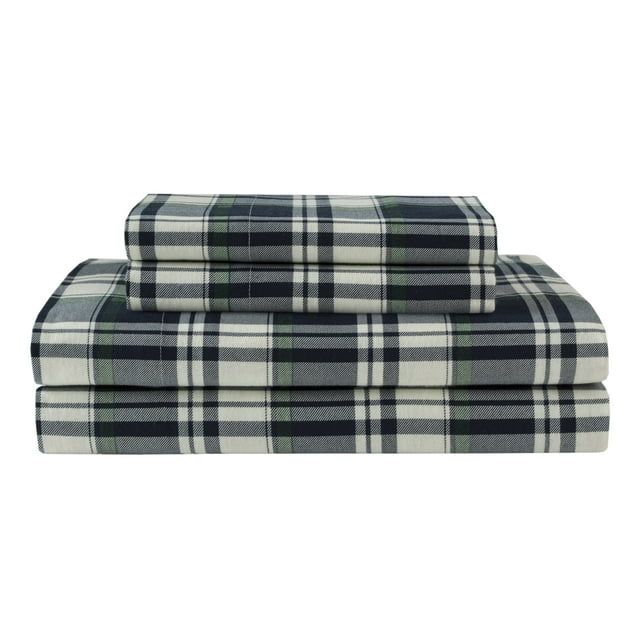 Navy Plaid Cotton Flannel Queen Sheet Set