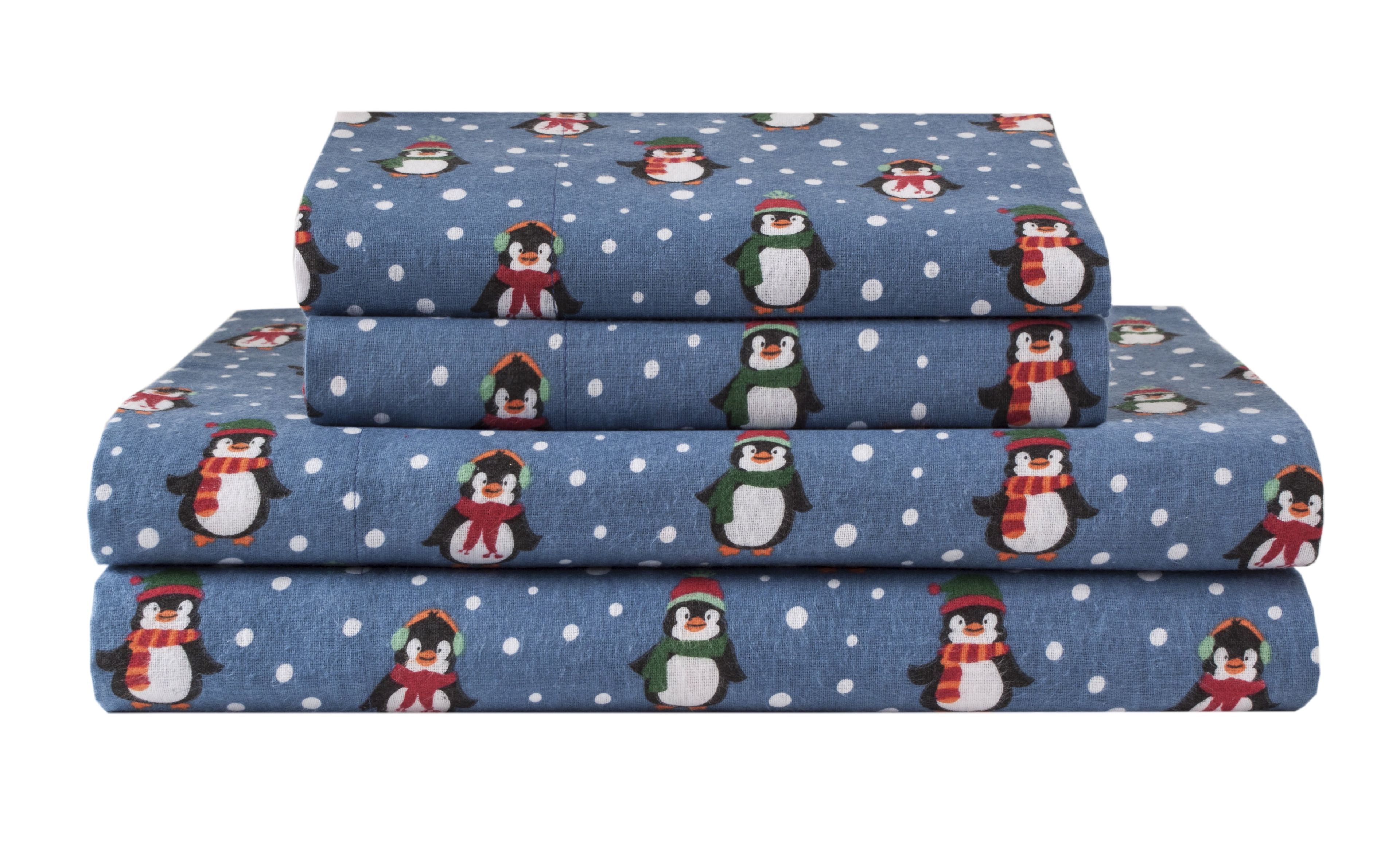 Queen Blue Cotton Flannel Sheet Set with Penguin Print