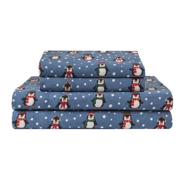 Queen Blue Cotton Flannel Sheet Set with Penguin Print