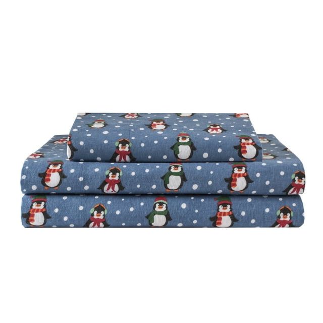 Twin Blue Cotton Flannel Sheet Set with Penguin Print
