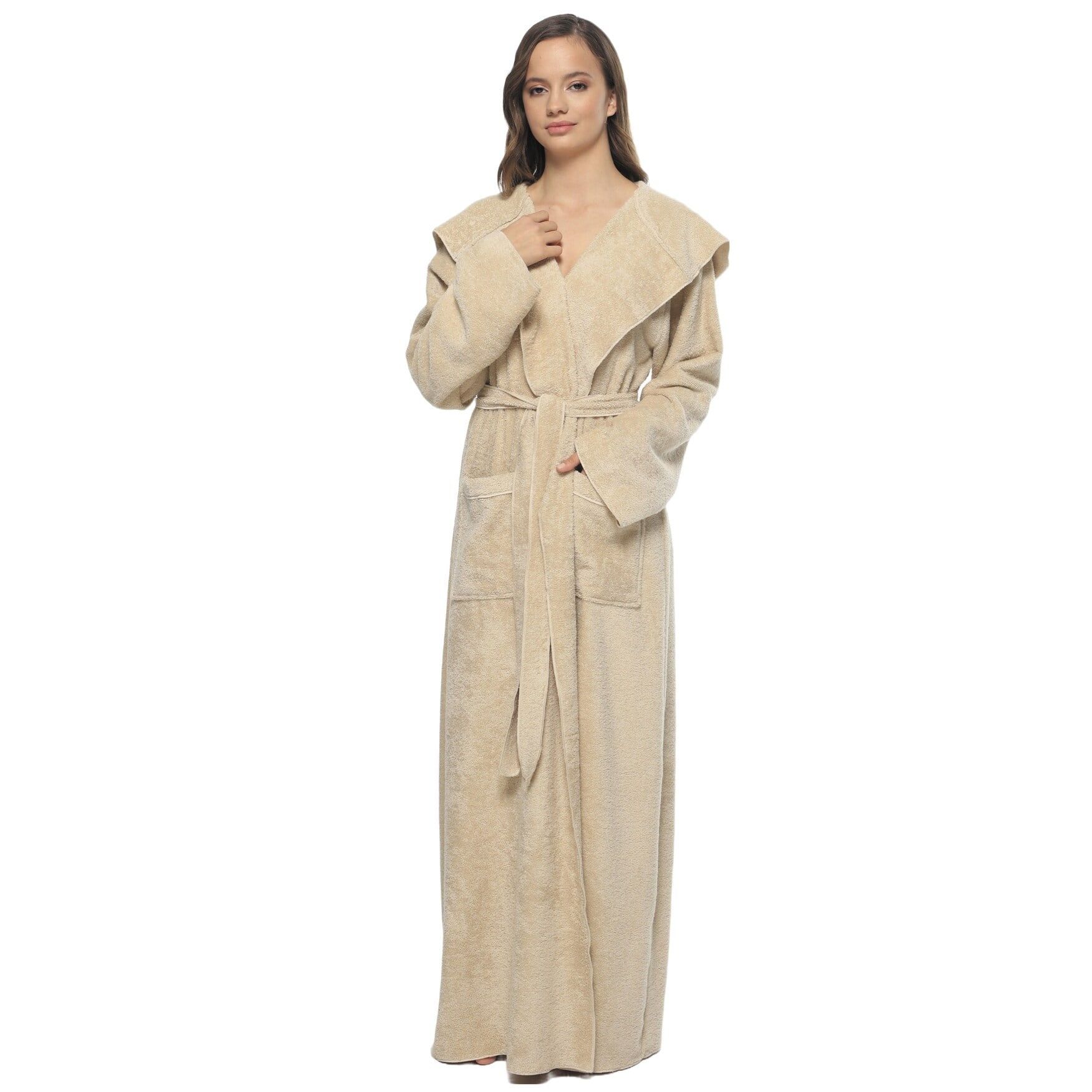 Medium Latte Turkish Cotton Hooded Ankle-Length Bathrobe