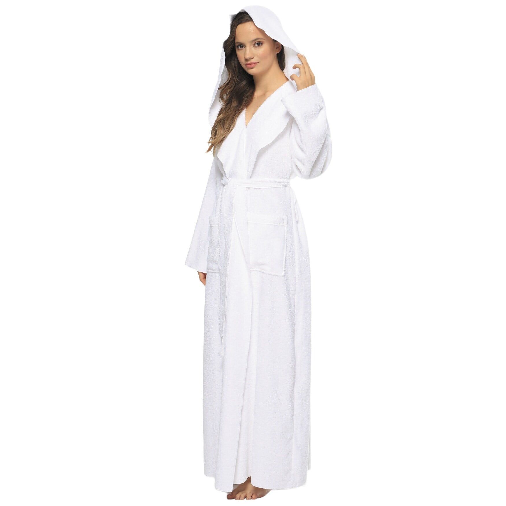 Small White Hooded Turkish Cotton Ankle-Length Bathrobe