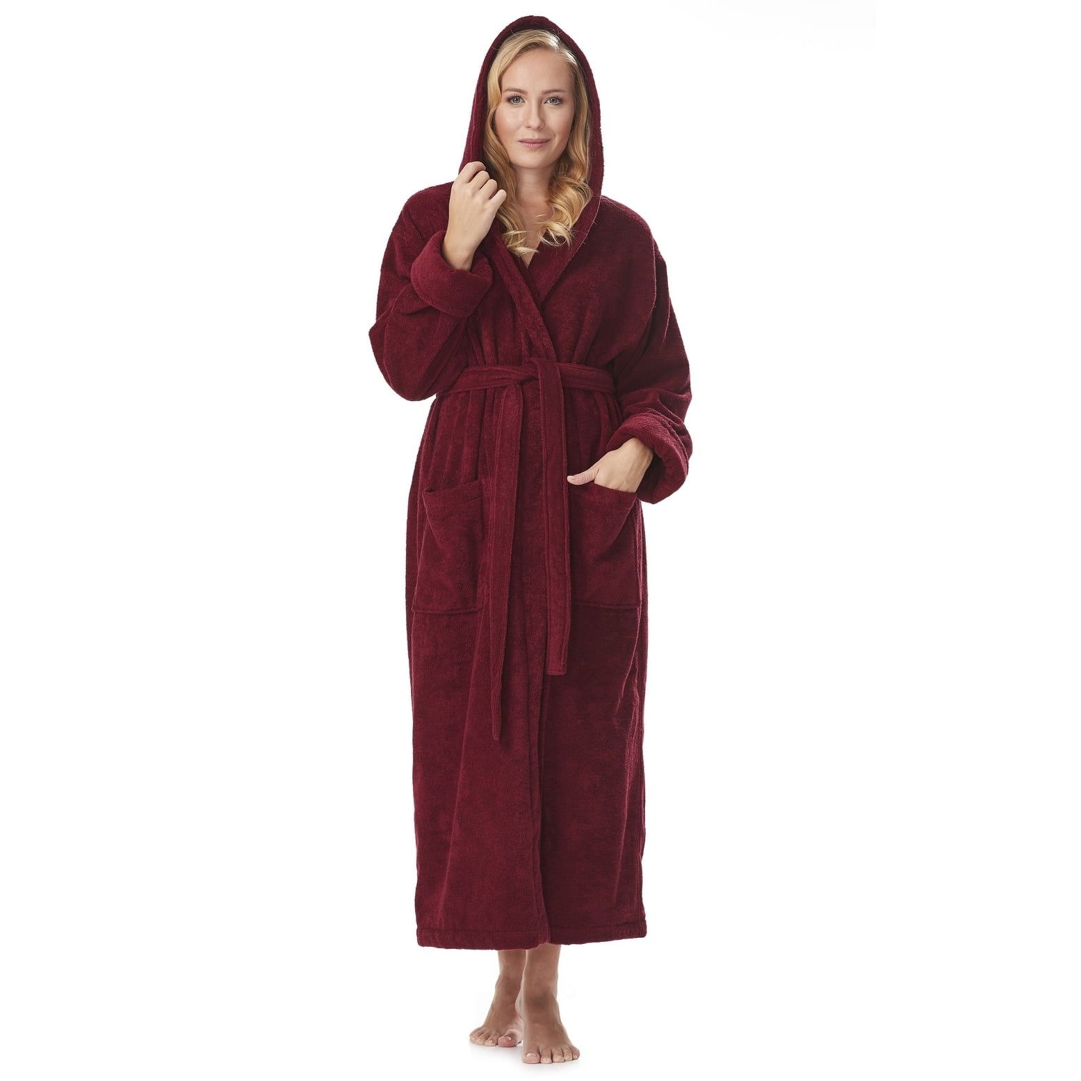 Women's Small Burgundy Cotton Hooded Full Length Bathrobe