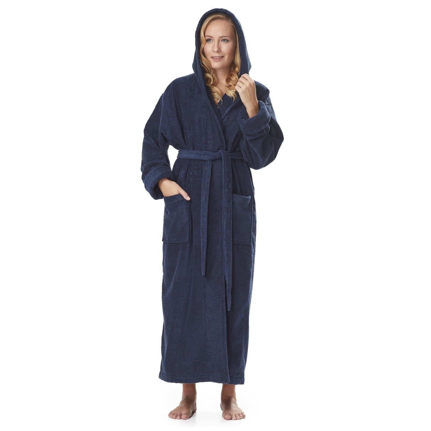 Women's Dark Blue XL Cotton Hooded Full Length Bathrobe