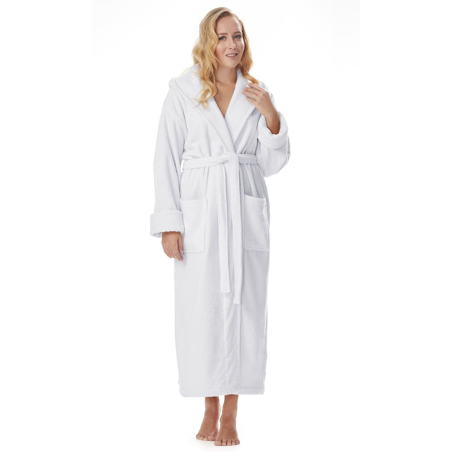 Women's White Medium Cotton Hooded Full Length Bathrobe