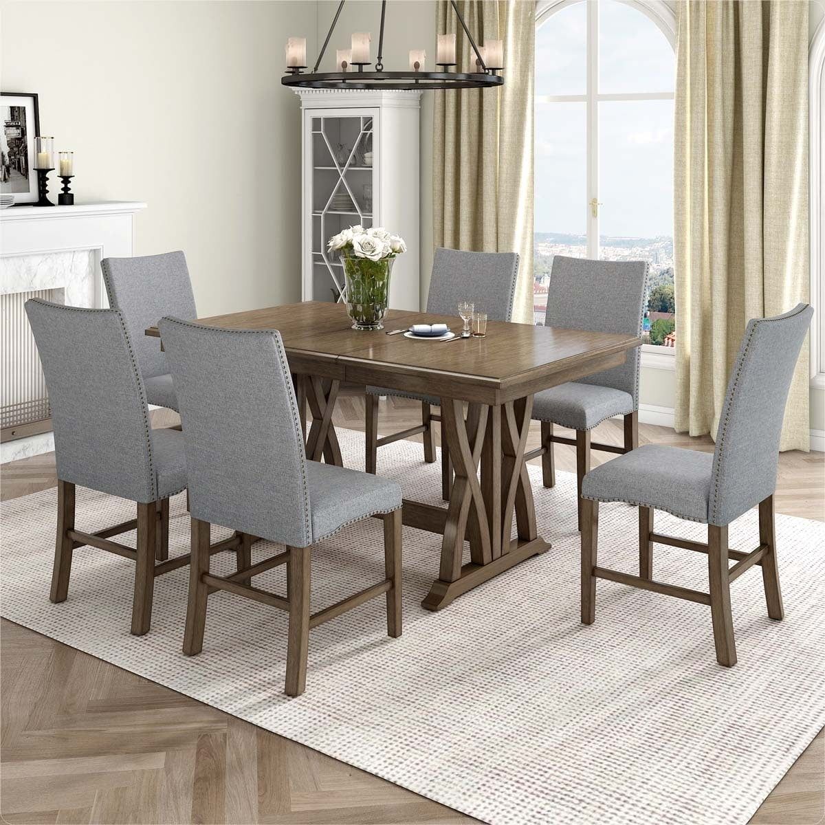 Golden Brown Extendable Dining Table Set with Gray Upholstered Chairs