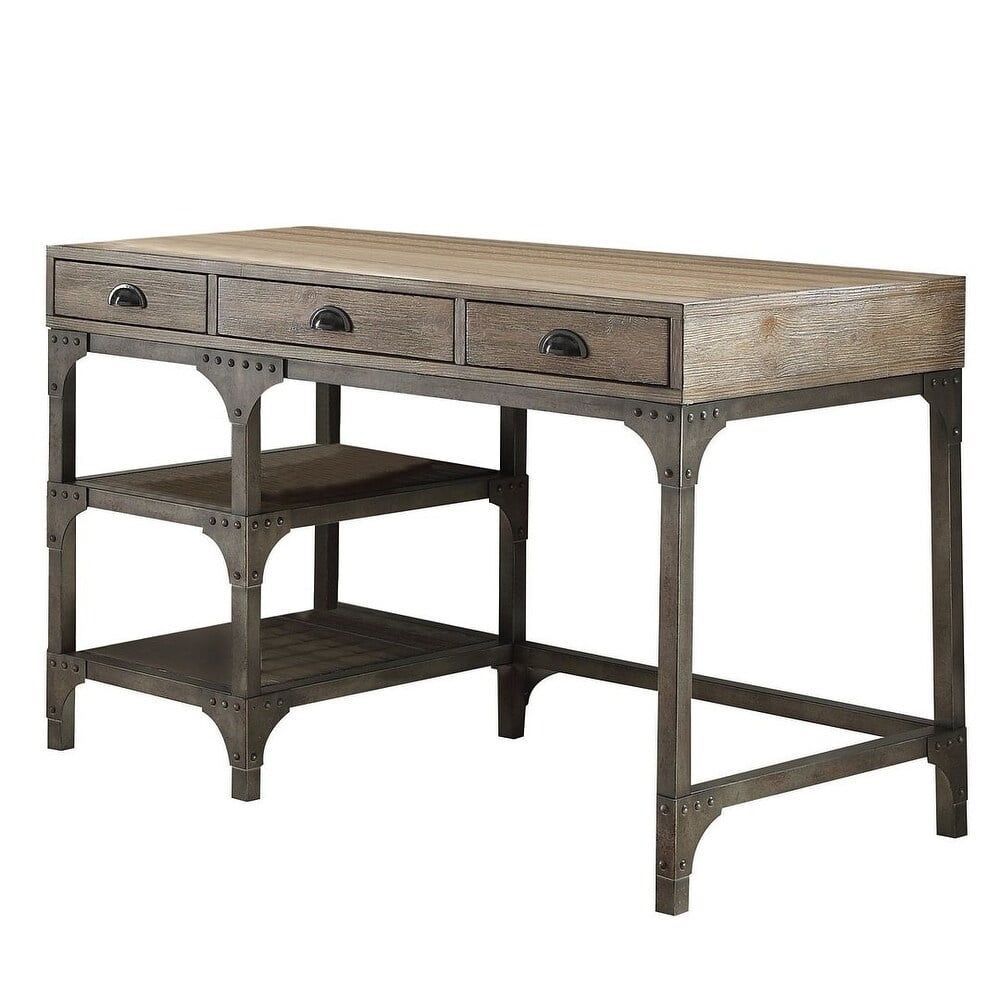 Weathered Oak and Antique Silver Writing Desk with Drawers and Shelves