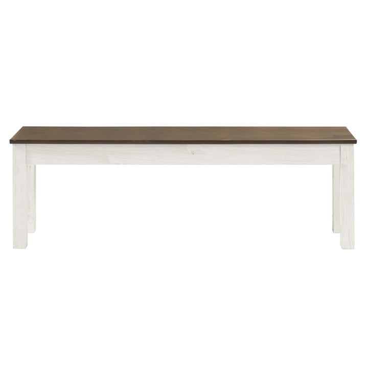 White Distressed Pine Wood Bench with Brown Lacquer Seat