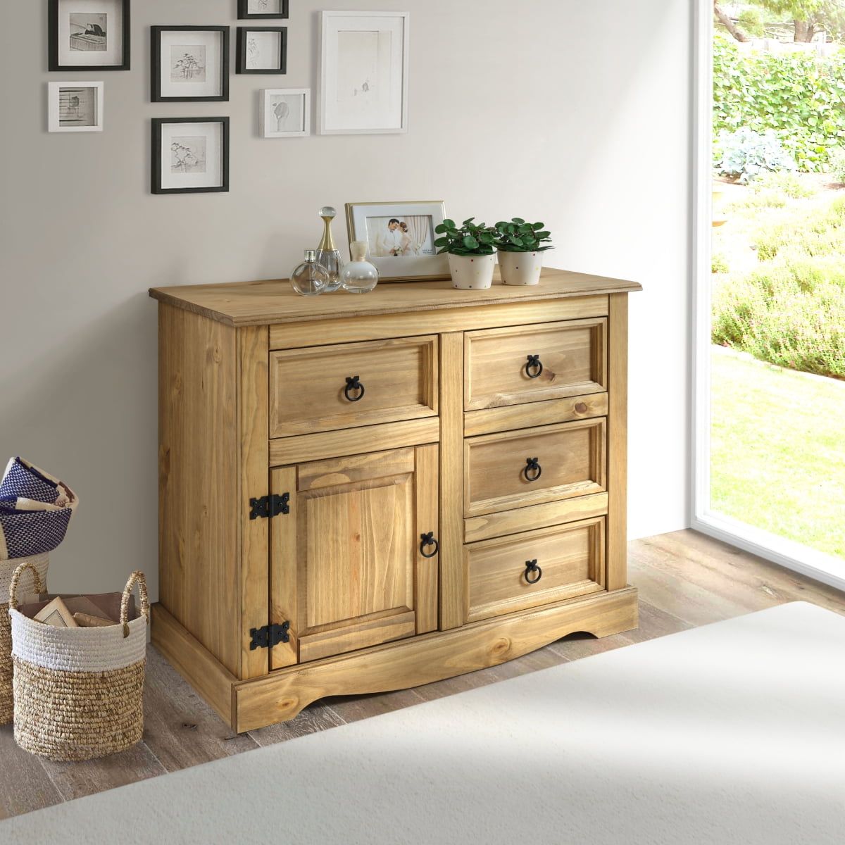 Antique Brown Solid Pine Wood Sideboard with 1 Door and 4 Drawers