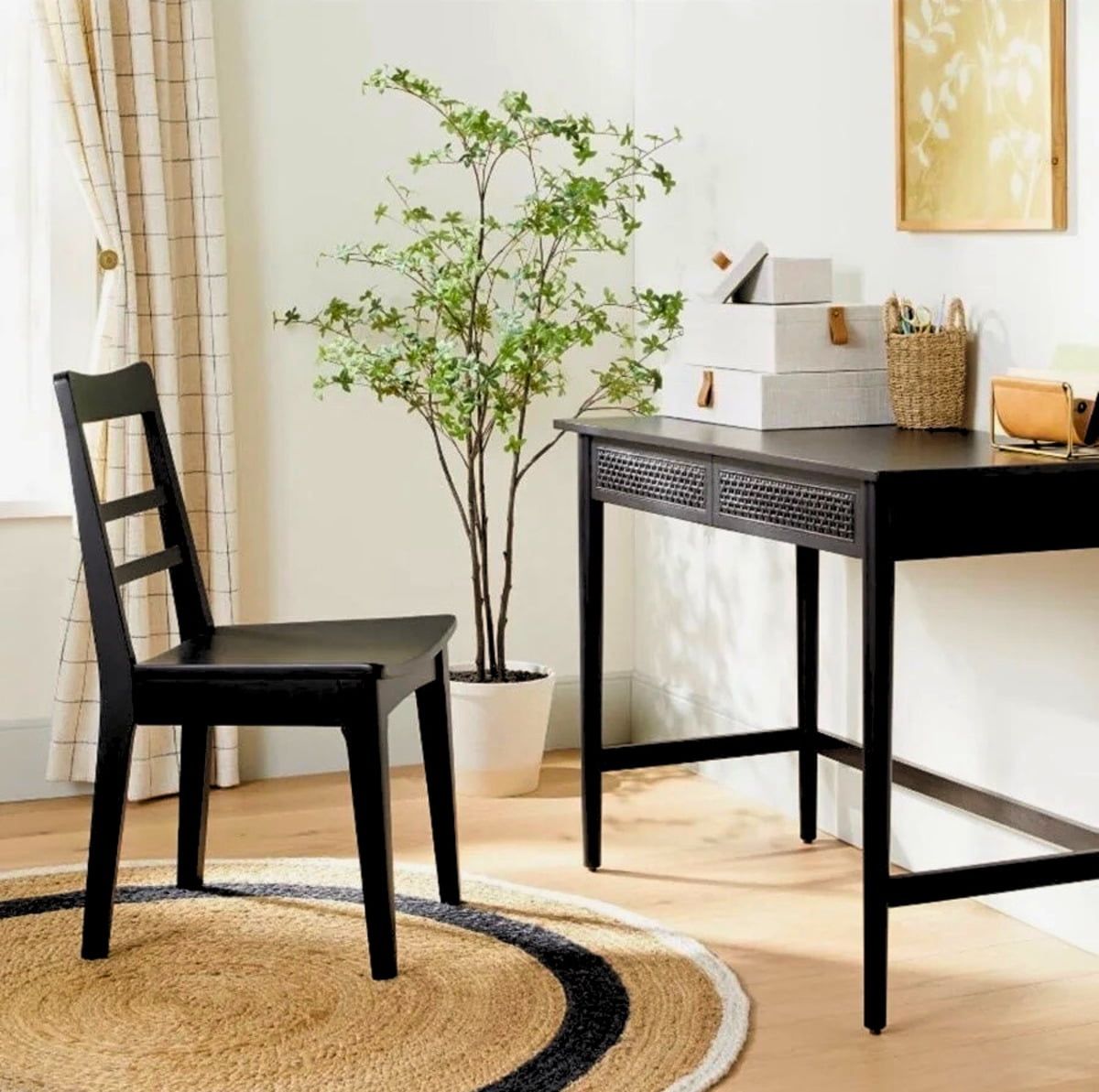 Black Wood and Cane Writing Desk with Two Drawers