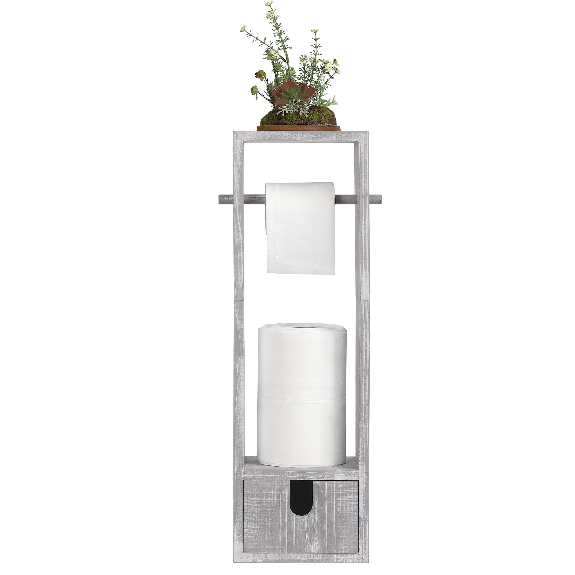 Gray-White Wood Free Standing Toilet Paper Holder with Drawer
