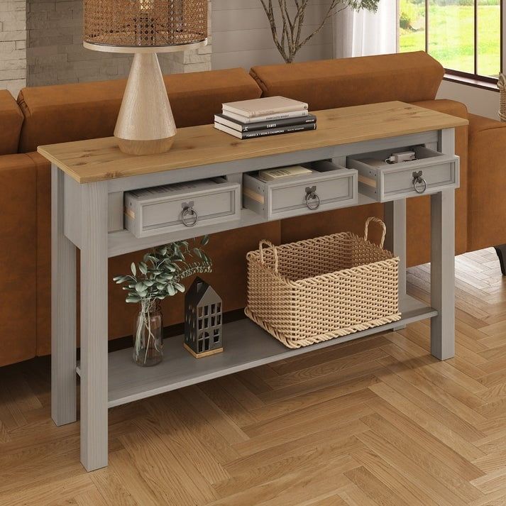 Gray Wash and Antique Brown Pine Wood Console Table with Storage