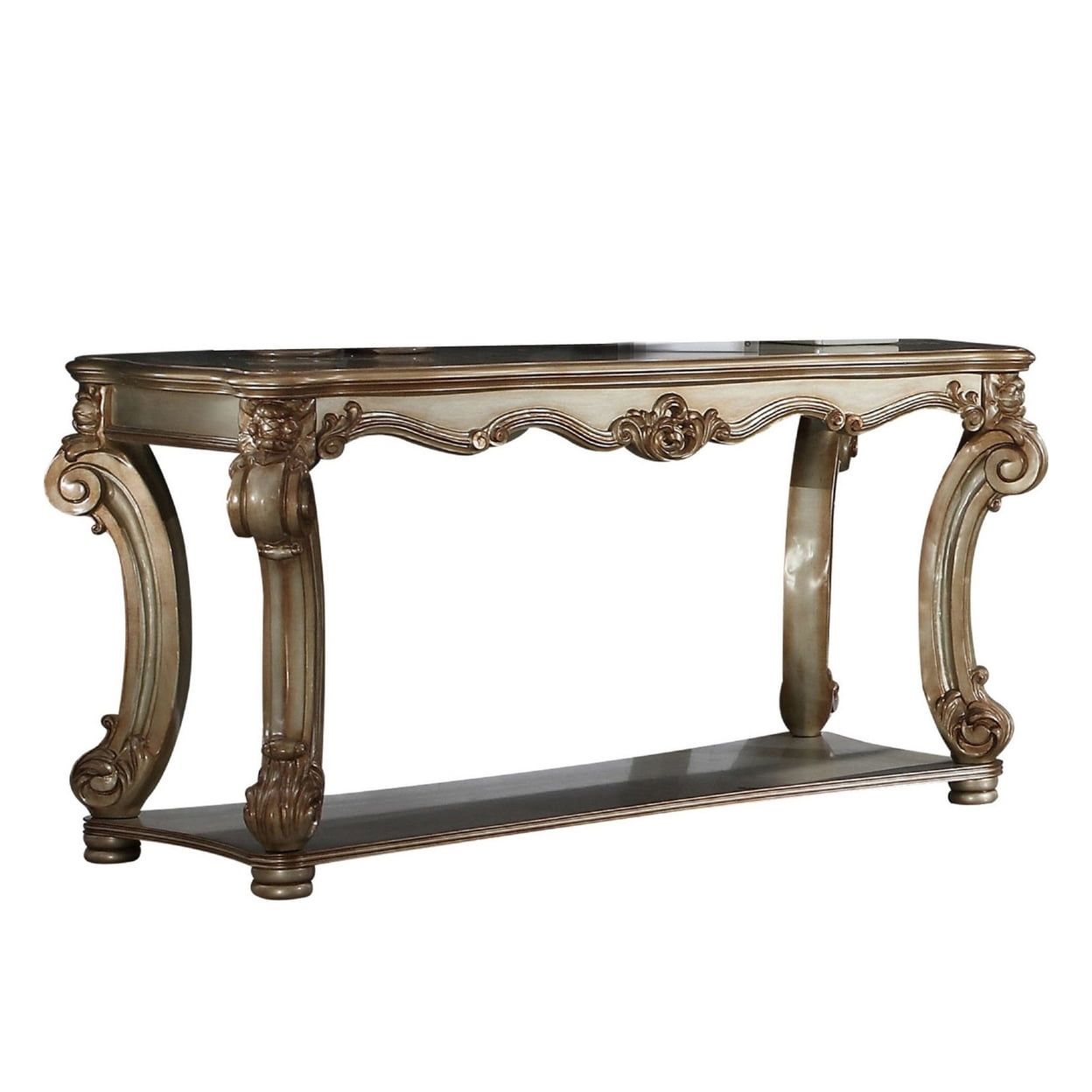 Gold Patina Wood Sofa Table with Bottom Shelf