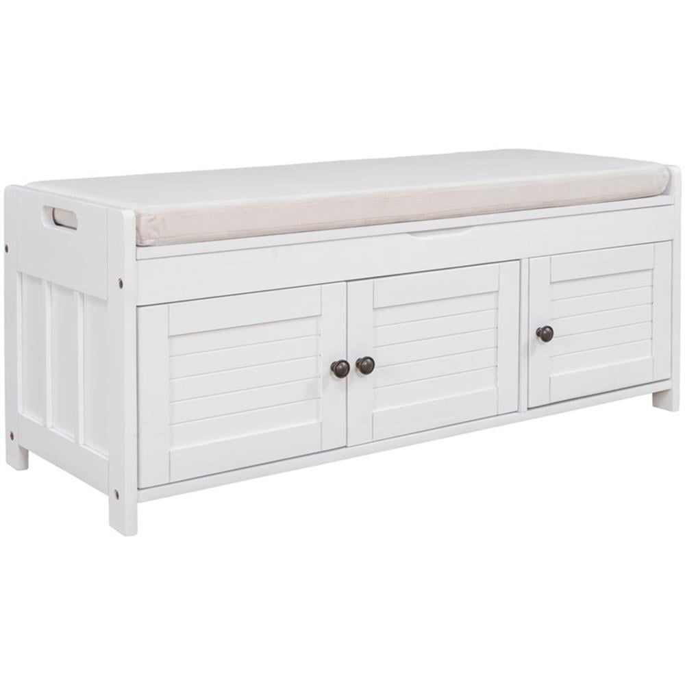 White Pine Wood Storage Bench with Removable Cushion and Shutter Doors