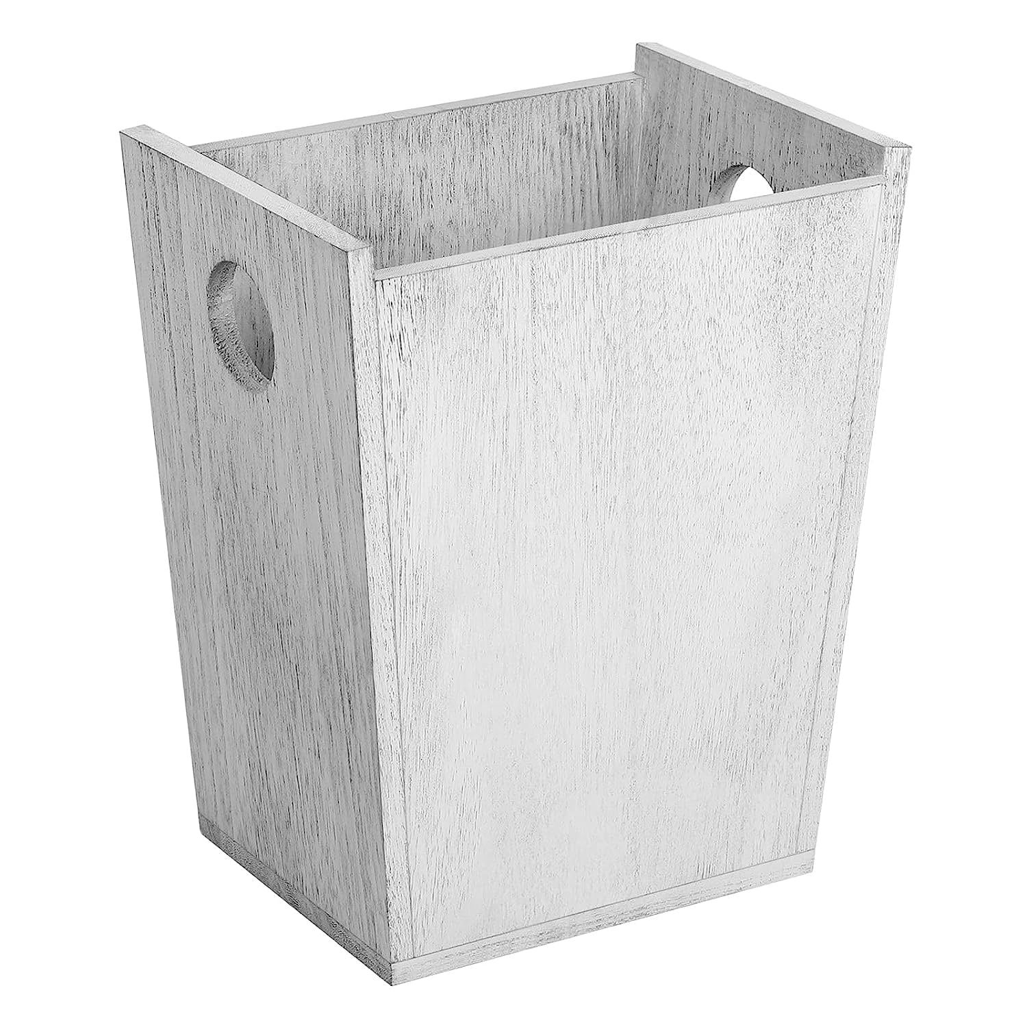 Gray Wood Bathroom Wastebasket with Metal Handles