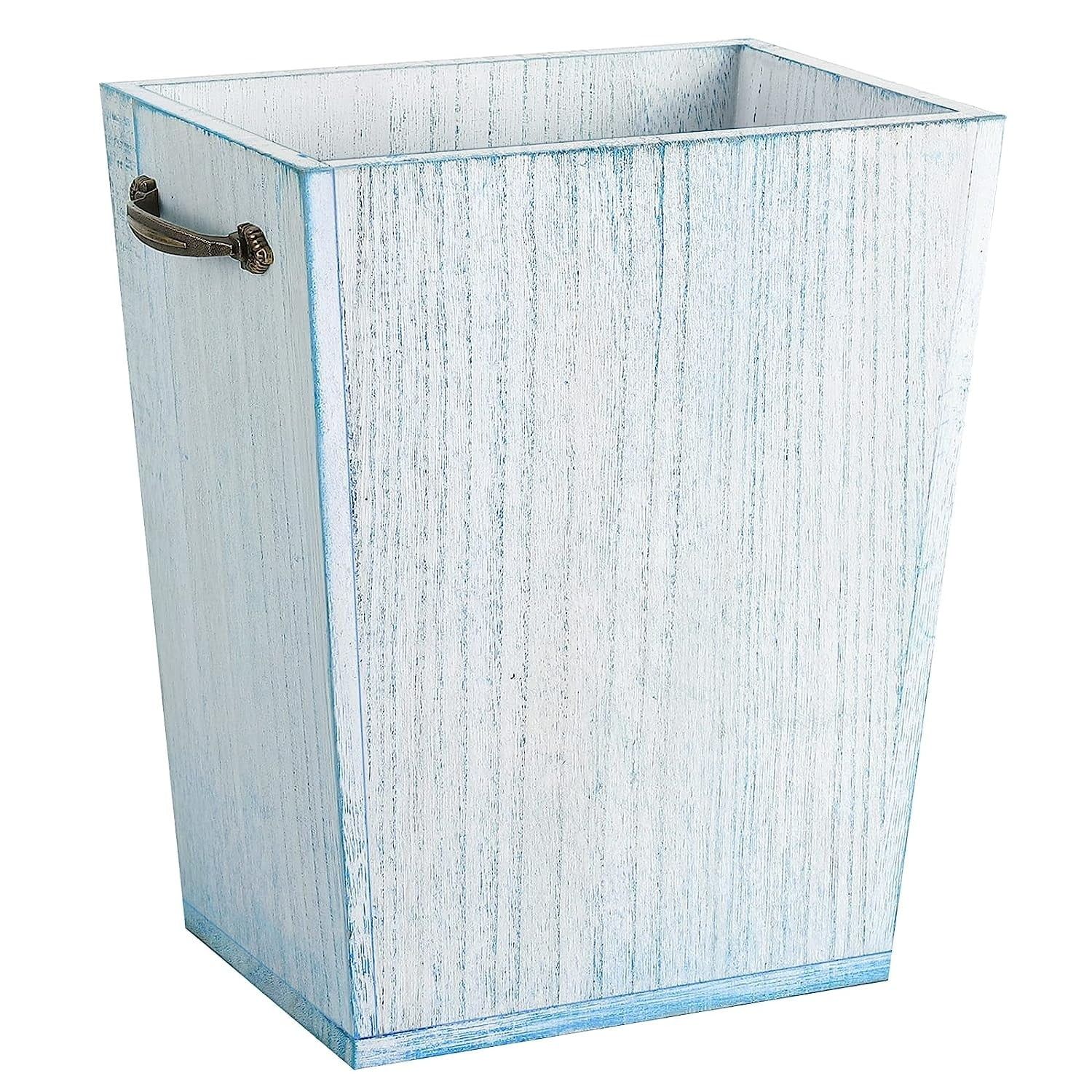 Blue Trapezoidal Wood Trash Can with Metal Handle