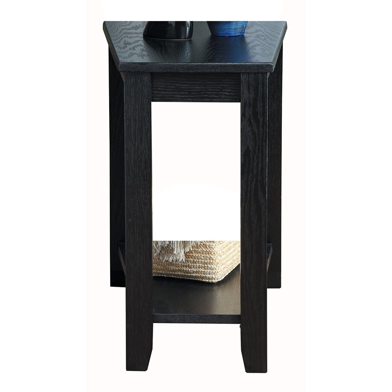 Black Triangular Wood Chairside Table with Shelf