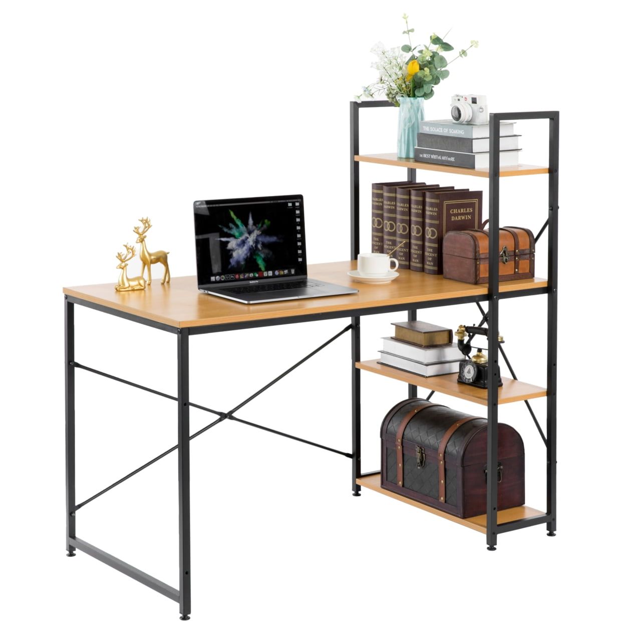 Cherry Wood and Metal 47" Industrial Desk with Bookshelves