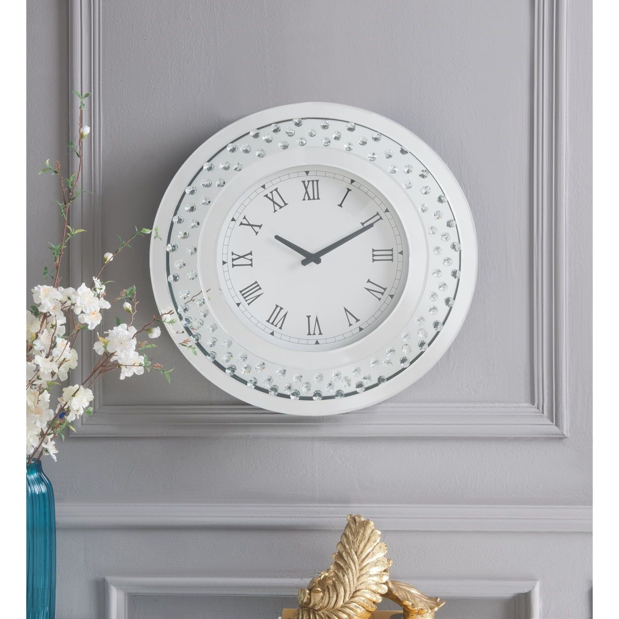 White Wood and Mirror Round Wall Clock with Crystal Trim