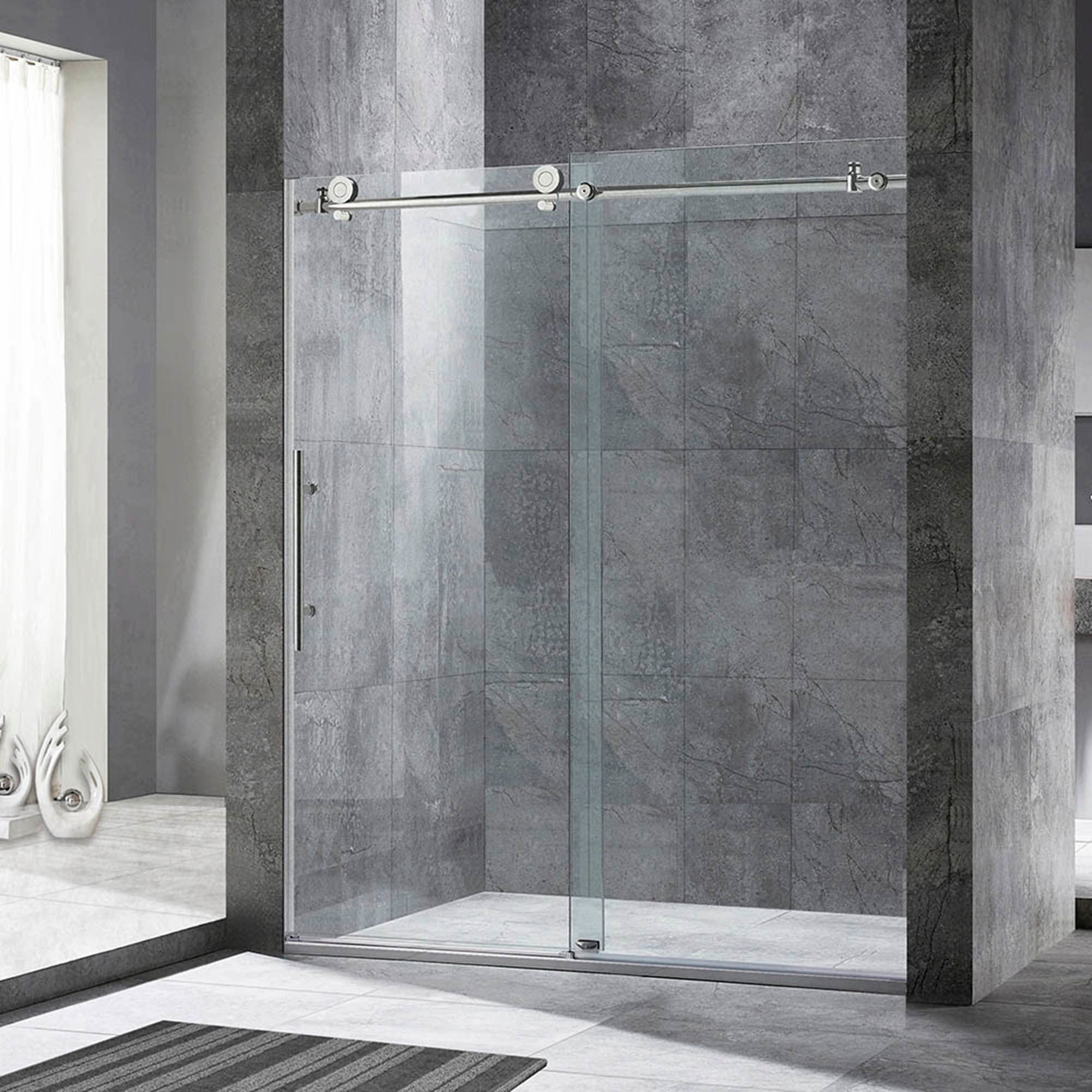 Frameless Sliding Shower Door with Clear Glass and Nickel Finish