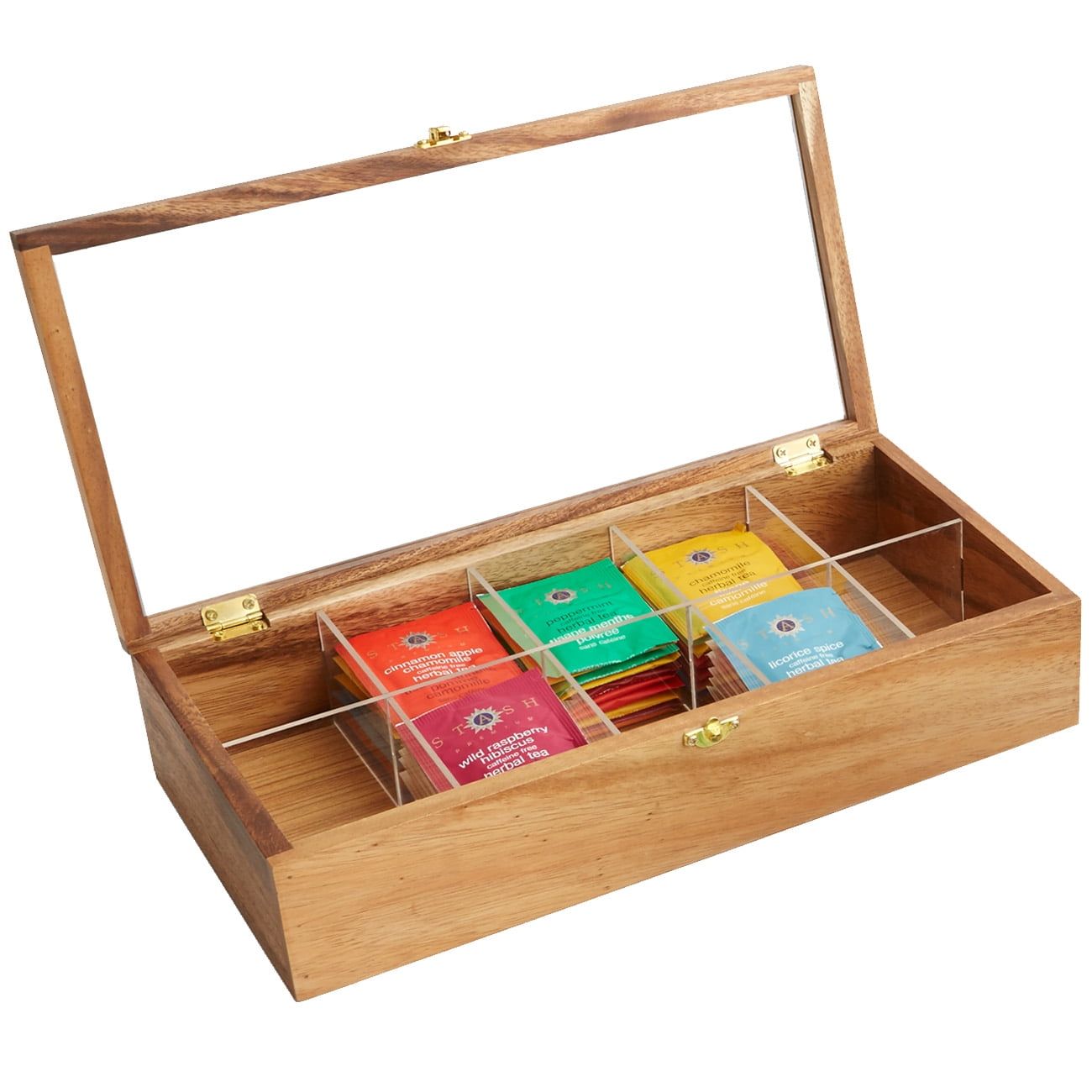 Acacia Wood 10 Compartment Tea Storage Box with Clear Acrylic Lid