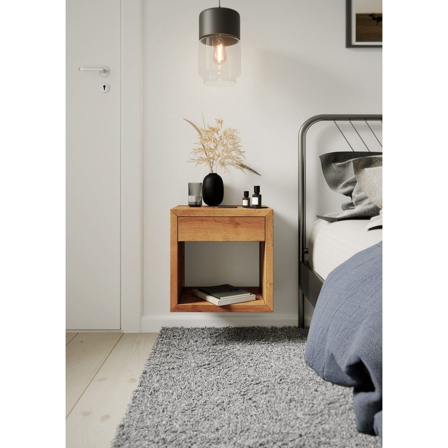 Natural Solid Oak Floating Nightstand with Drawer