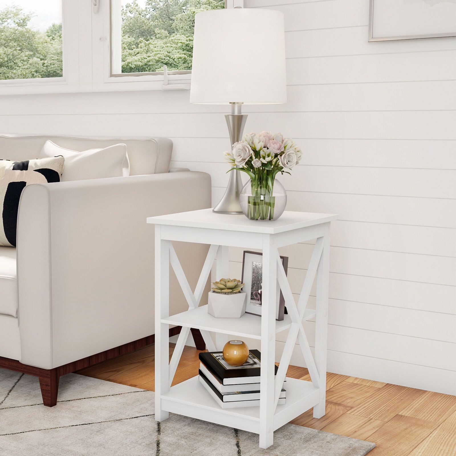 White MDF Wood X-Leg End Table with Two Shelves