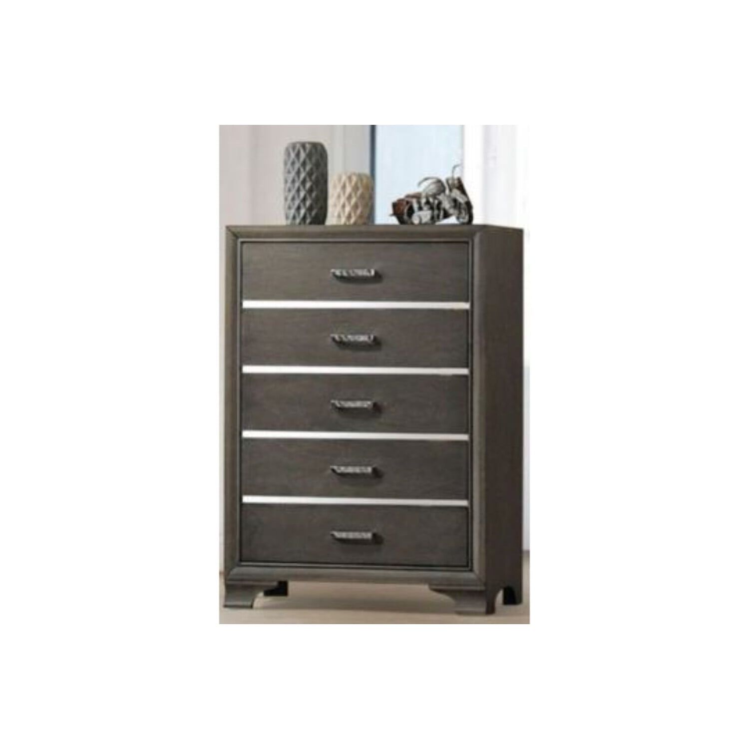 Gray Wooden 5-Drawer Chest with Bracket Legs