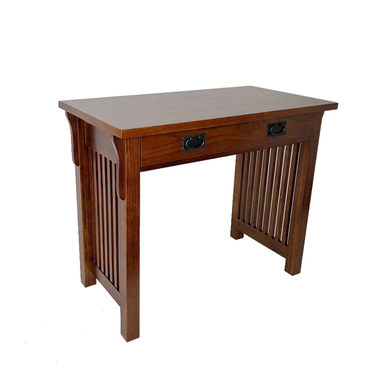 Transitional Oak Wood Writing Desk with Slatted Sides and Drawer, Brown